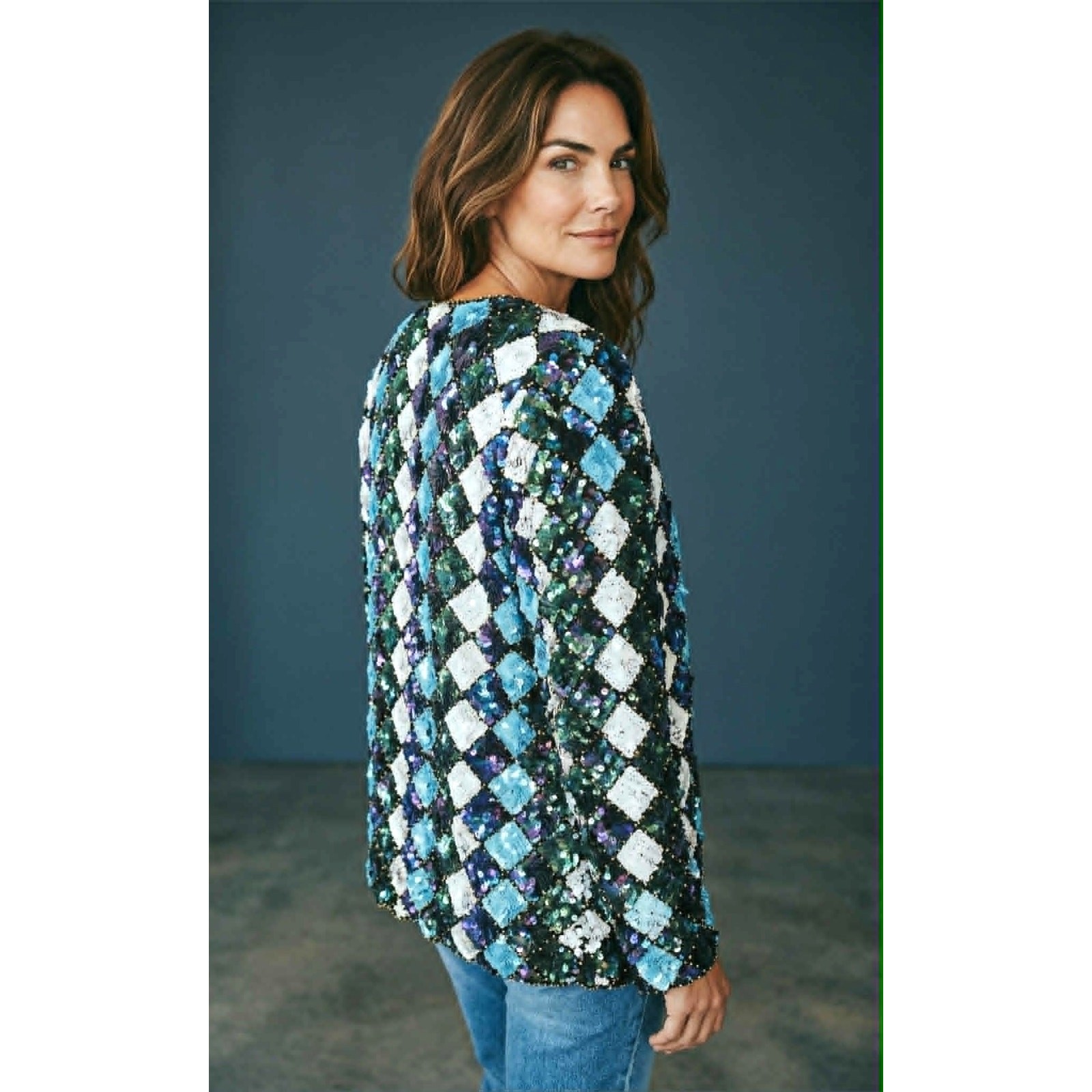 Vintage 1980s Sequin Silk Jacket Temptations M Beaded Blue White Evening India