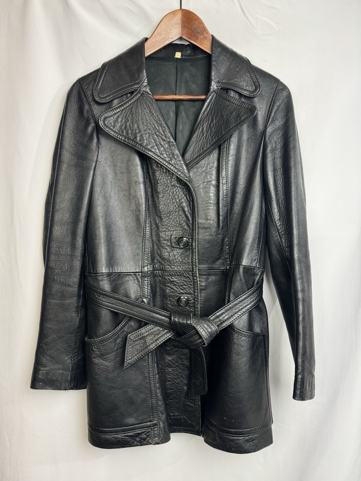 Vintage 1970s Womens Black Leather Jacket With Belt Size S / M