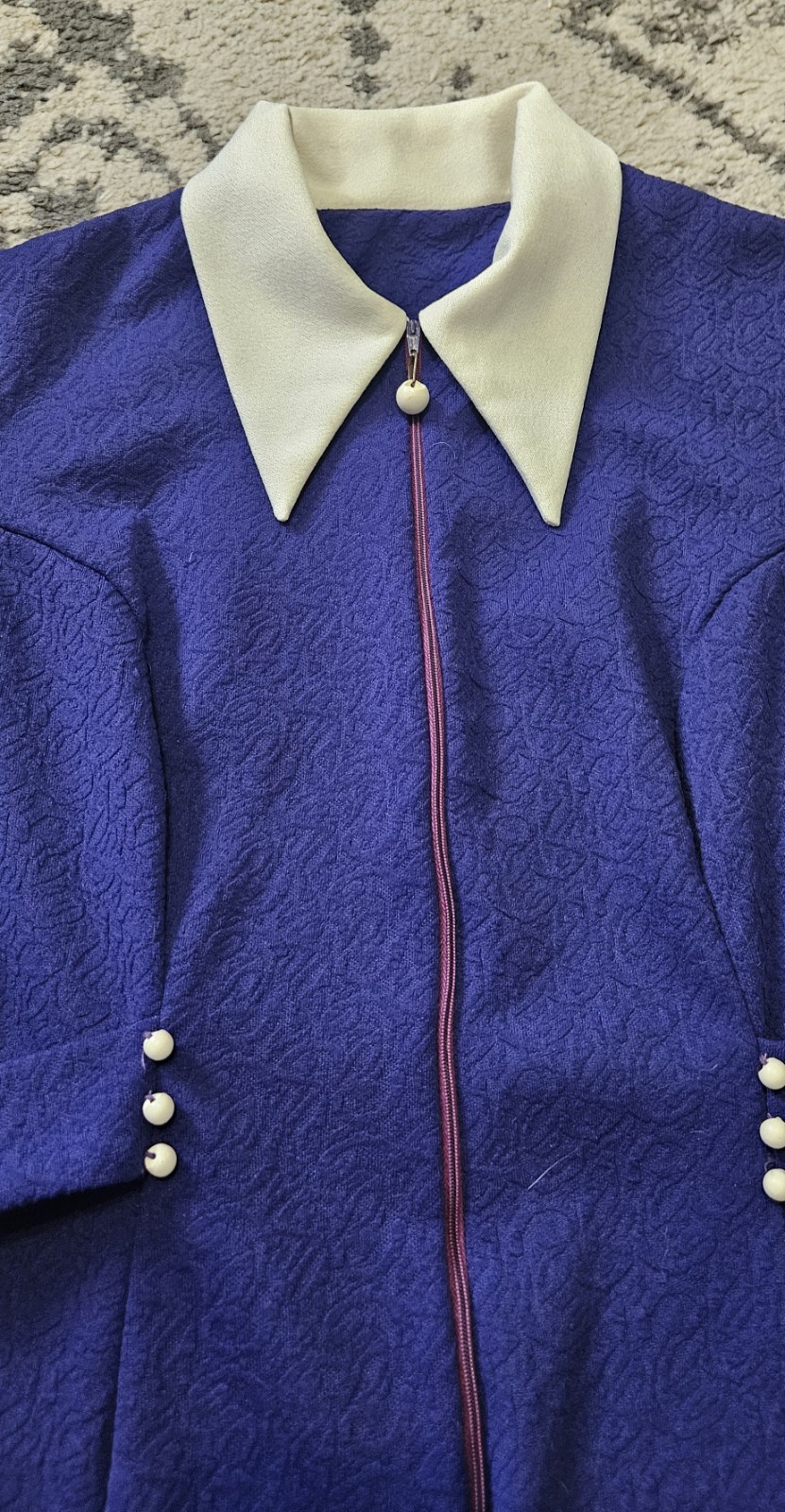 Vintage 1970s Indigo White Point Collar Zip Front Dress Size L