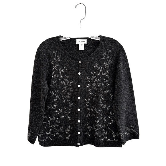 Vintage L.L. Bean Dark Charcoal Gray Embroidered Button-Front Cardigan