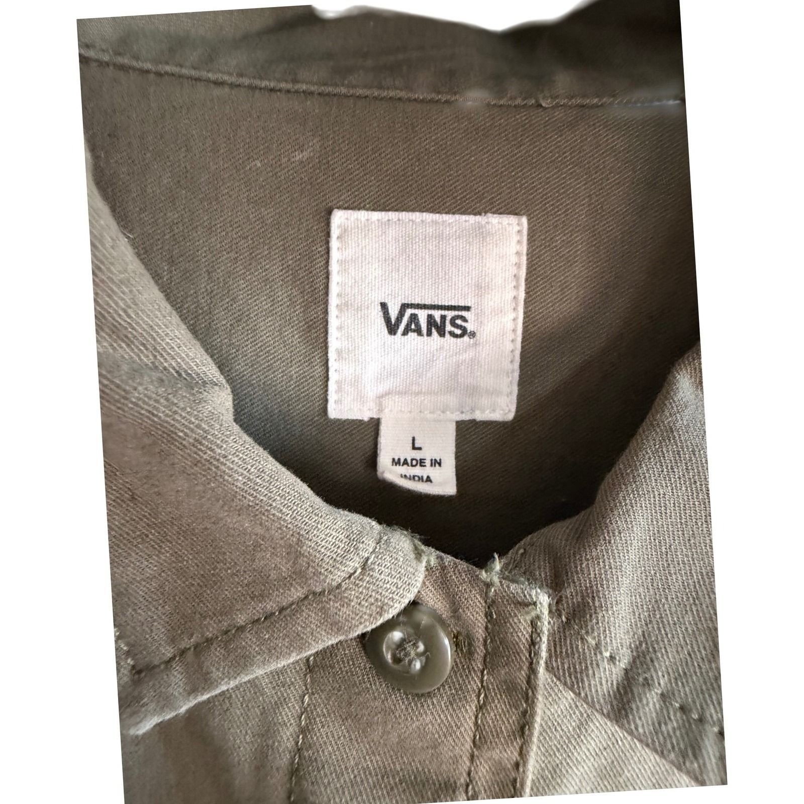 Vans Broadway Olive Green Cotton Twill Button Up Utility Shirt Dress Size L