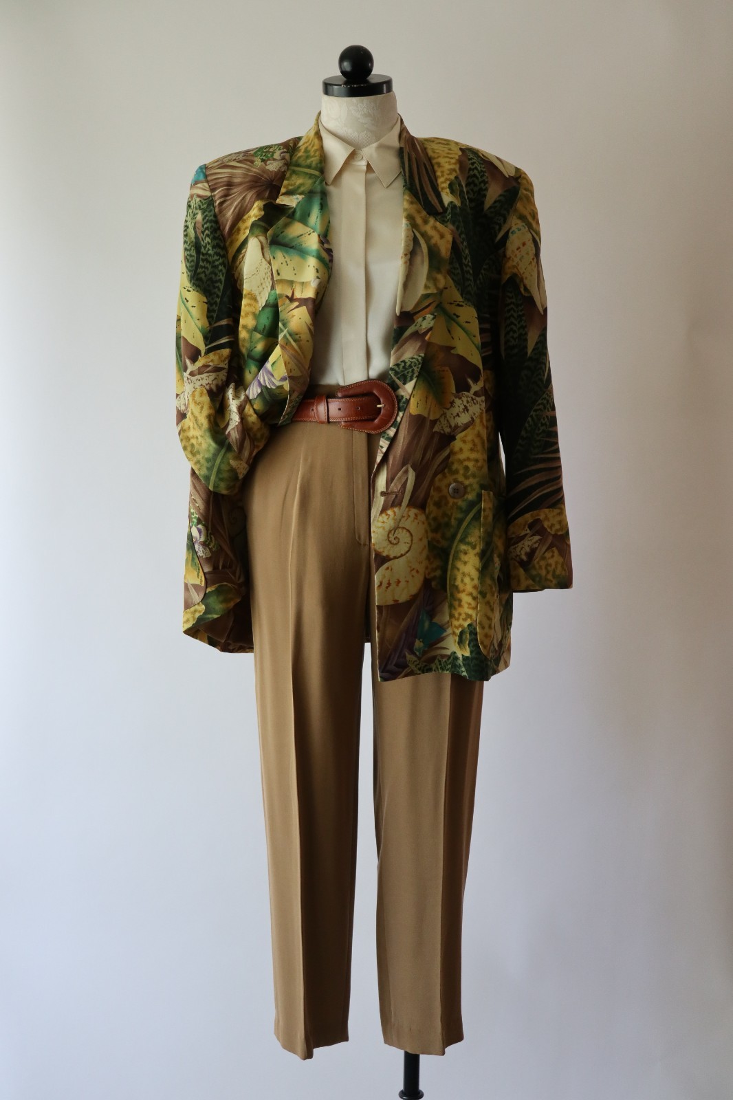 90s Linda Allard Green Brown Silk Tropical Seashells Oversized Blazer Women S M