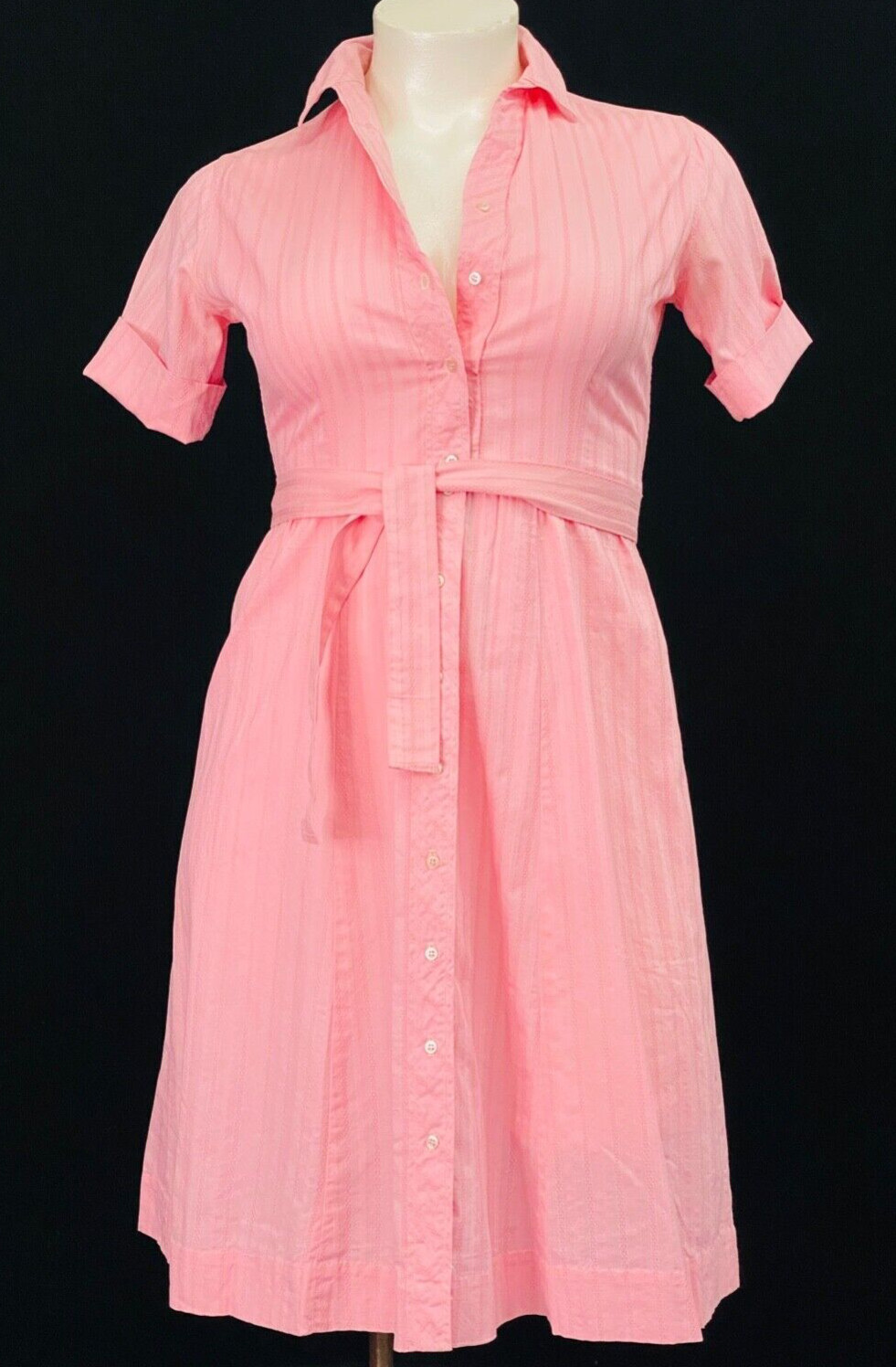 Vintage 1960s pink cotton dress, short sleeve summer shirt collar 1950s L