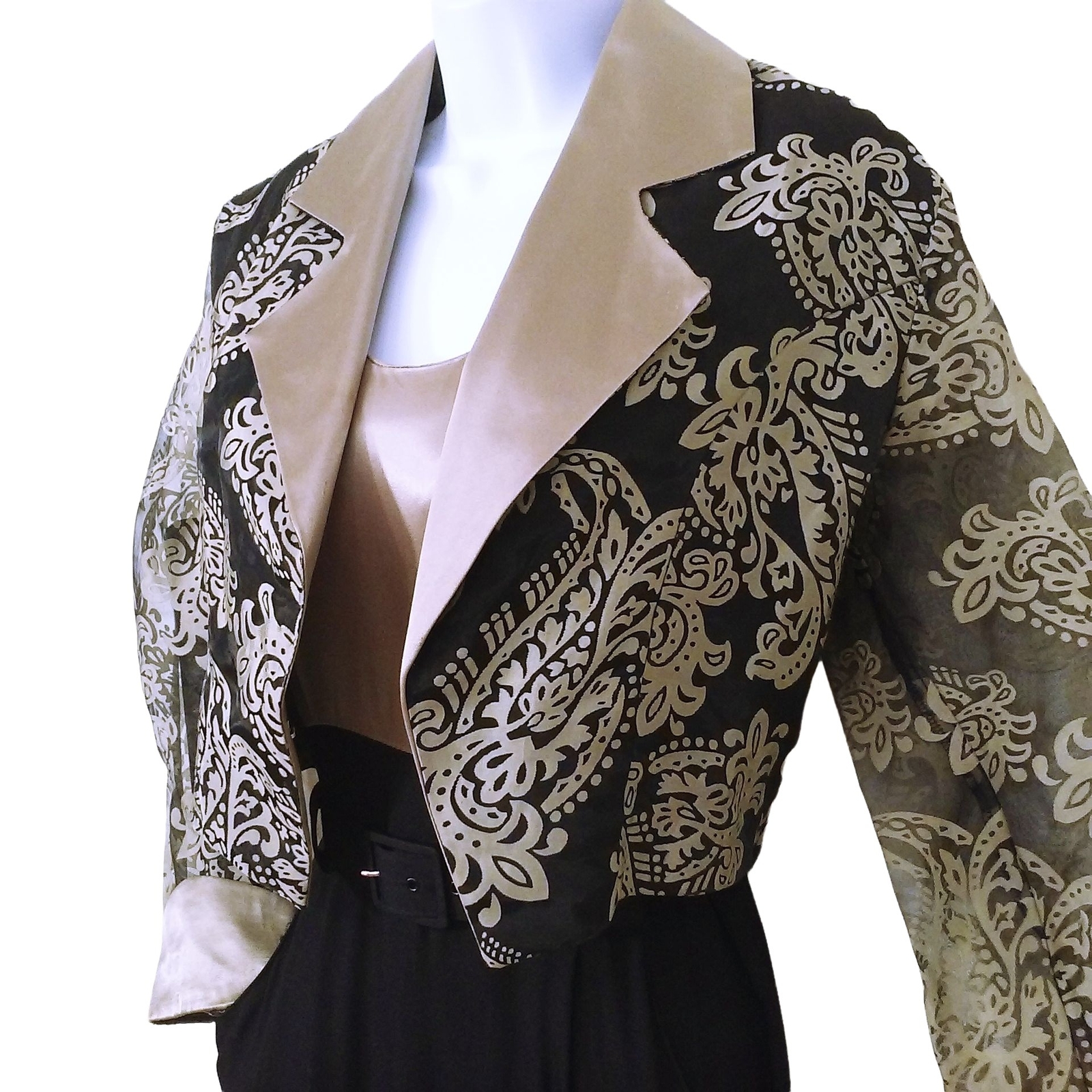 Vintage 90s 2-pc Set JumpSuit Jacket 6/8 Pockets Two-tone Scroll Champagne Black