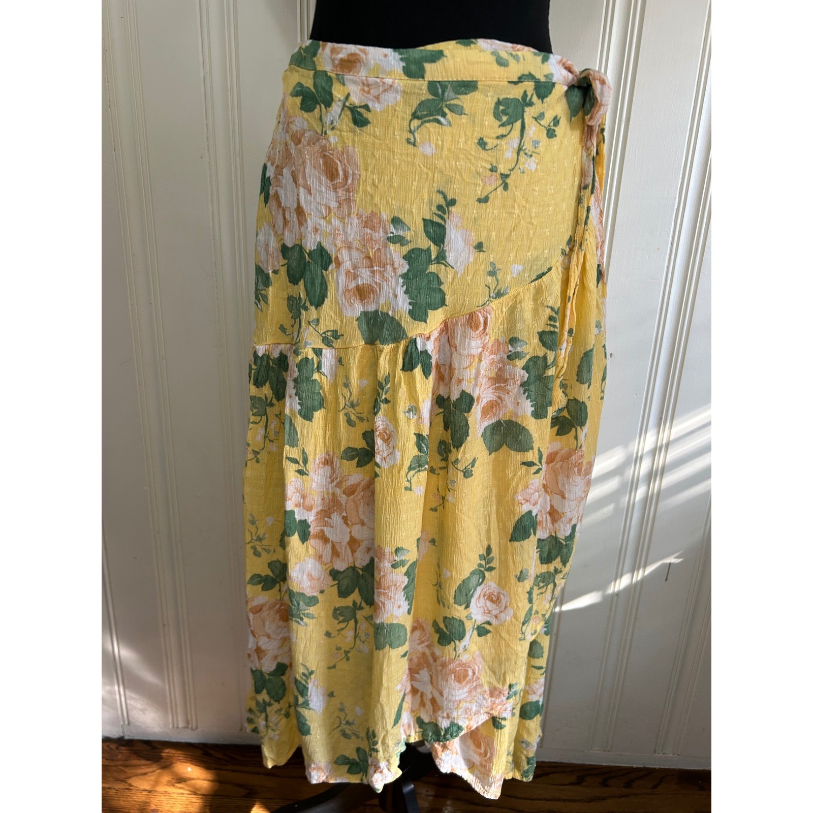 Yellow Floral Rayon Wrap Midi Skirt Boho Shabby Chic Cottage Tea PartySummer