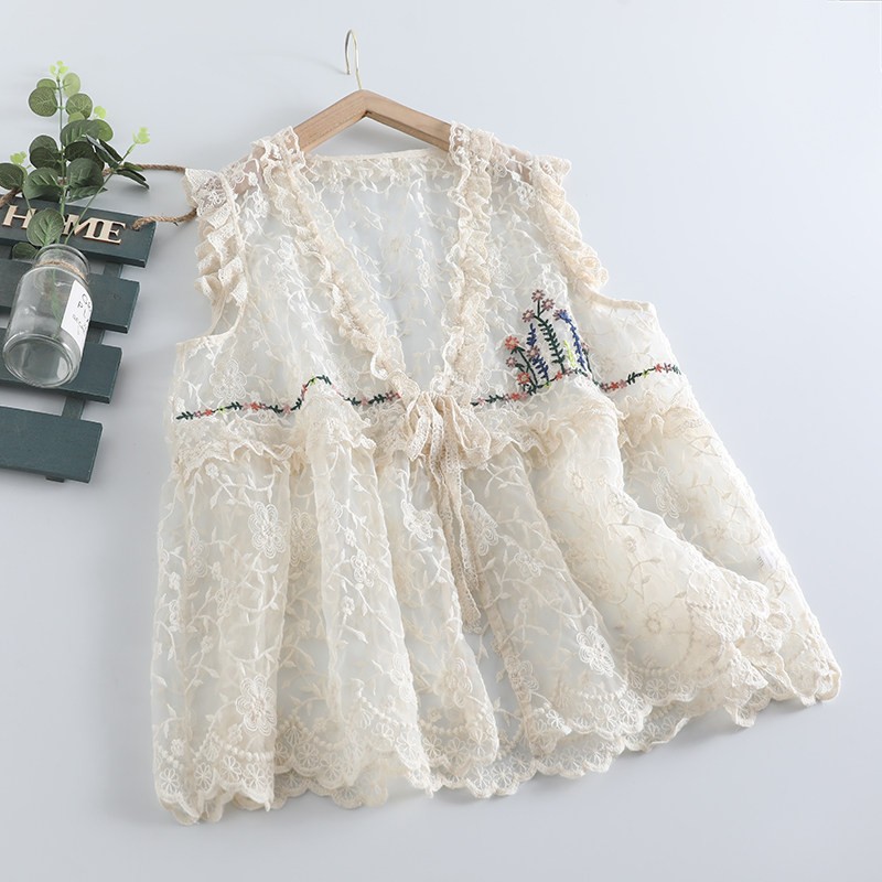 Lace Vest Women’s Loose Transparent Large Size Gilet Waistcoats Cotton Linen NEW