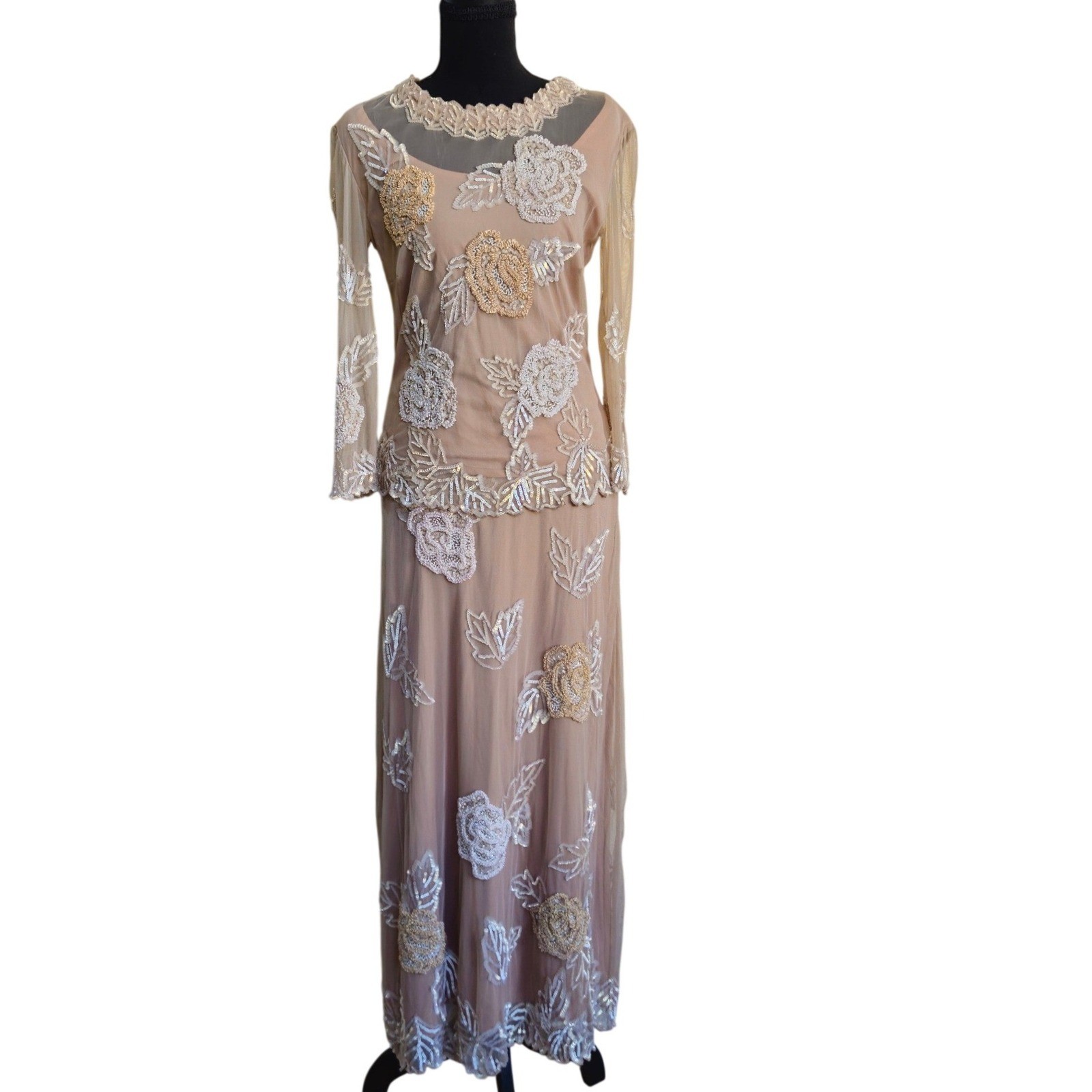 FRANK USHER Vtg Beaded Sequin Mesh Gown Nude Floral 2-Piece US 8