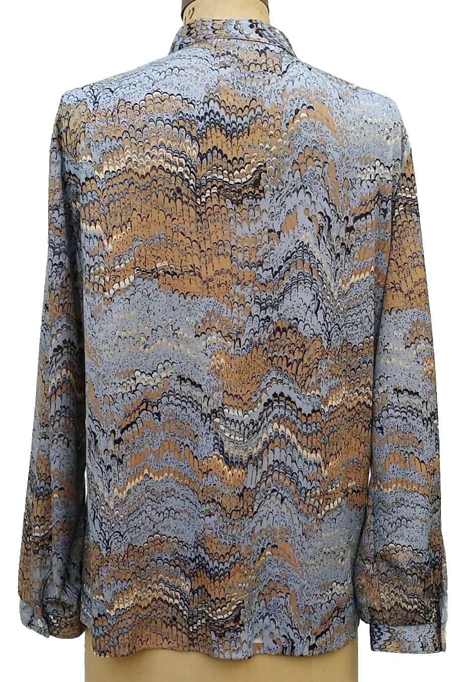 Vintage 1970s Marbleized Print Tunic LS Blouse Mandarin Band Collar Alex Colman