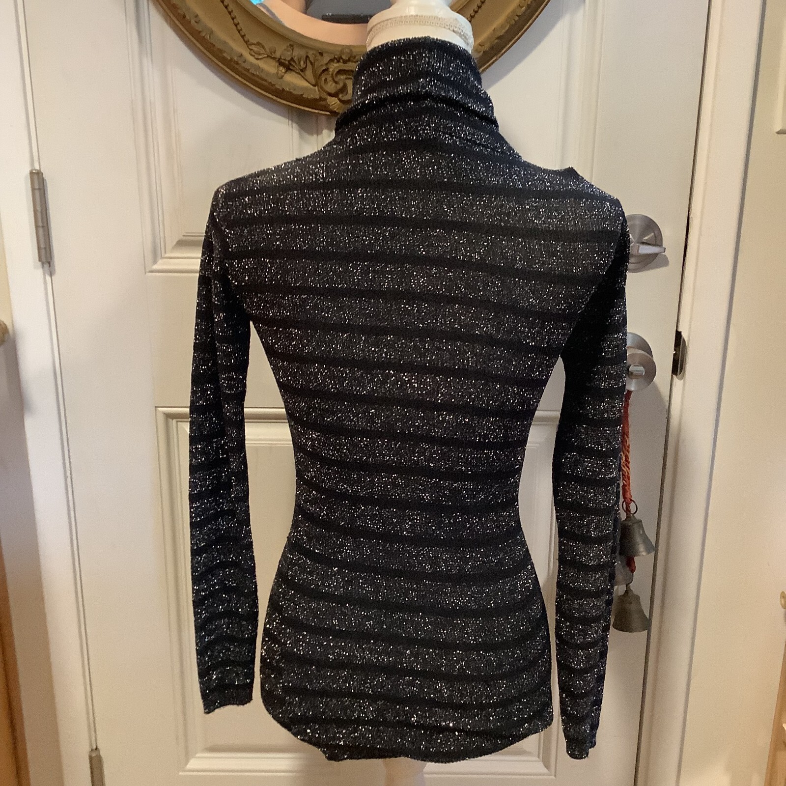 Kenneth Knits thin metallic sliver black turtleneck women’s sweater size S/M