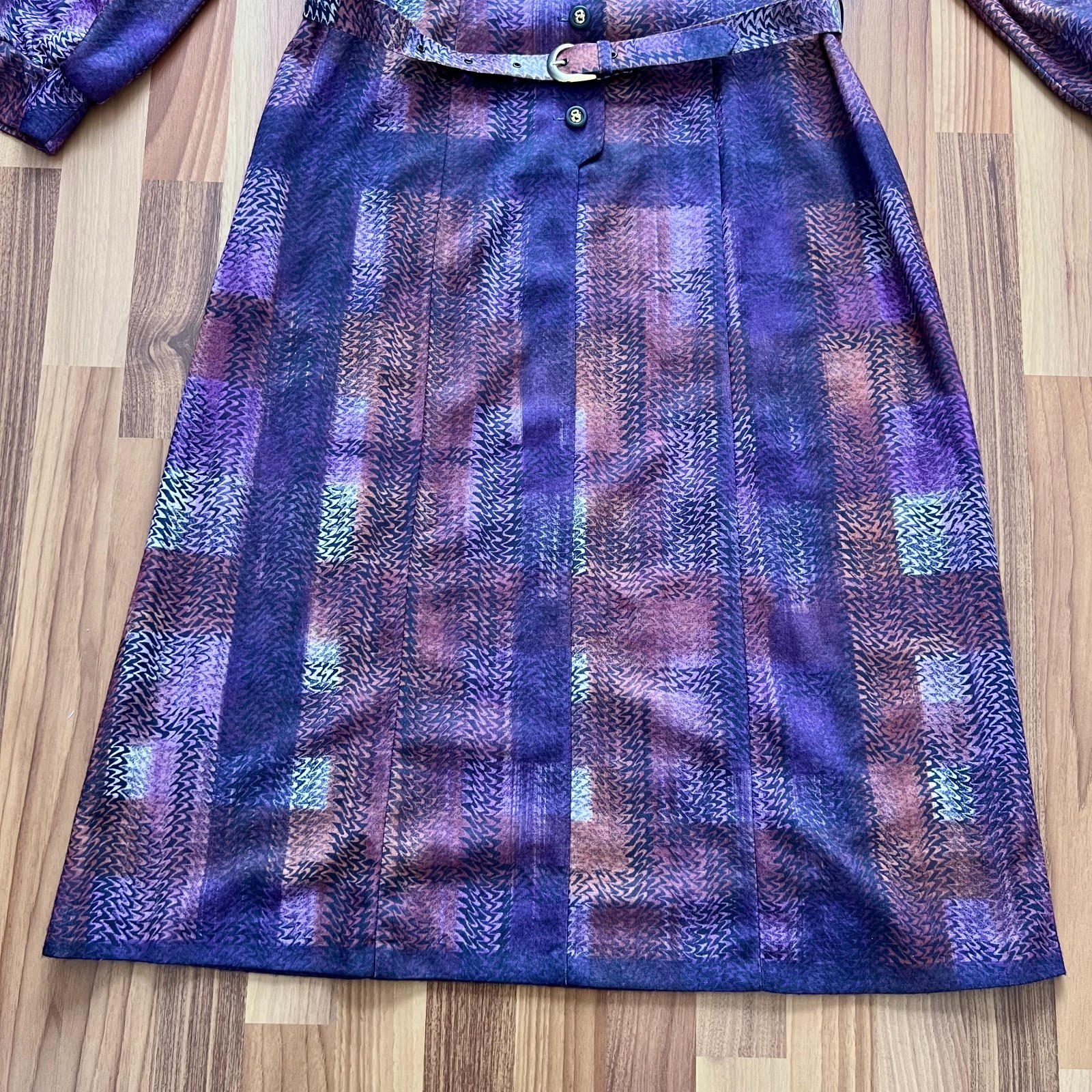 1970s Geometric Print Button Front Midi Dress Belted Long Sleeves Aline EU 40