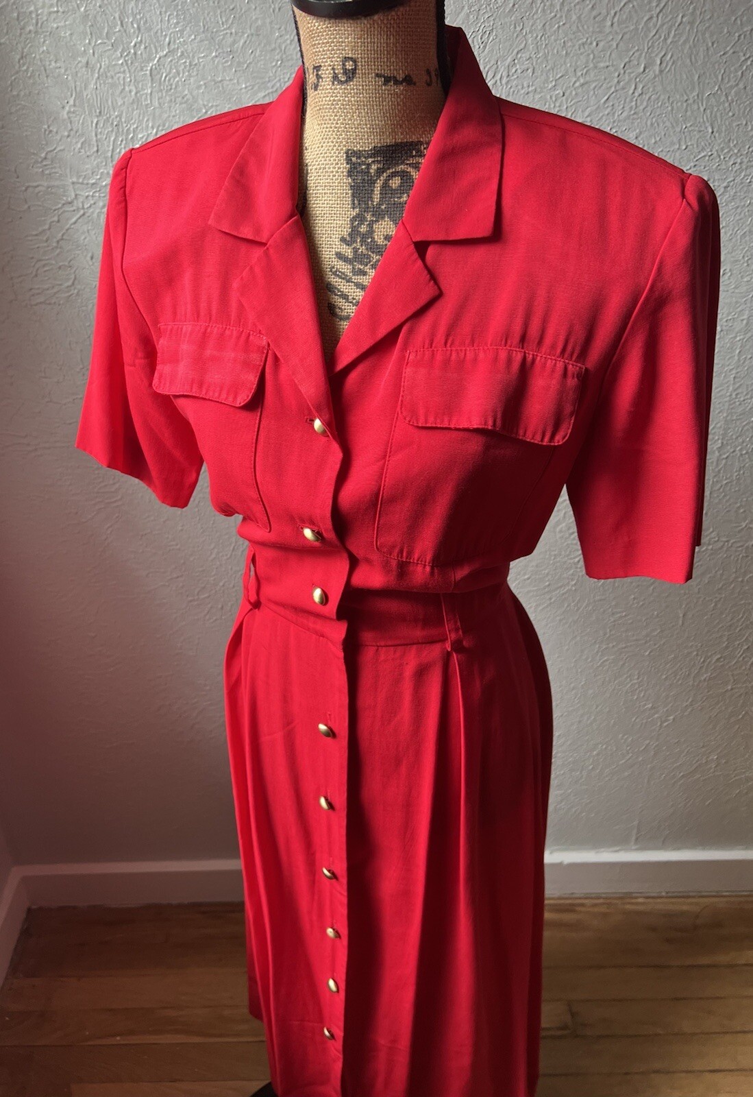1980s Lipstick Red Button-Up Shirt Dress S M 80s Stranger Things Secretary Retro