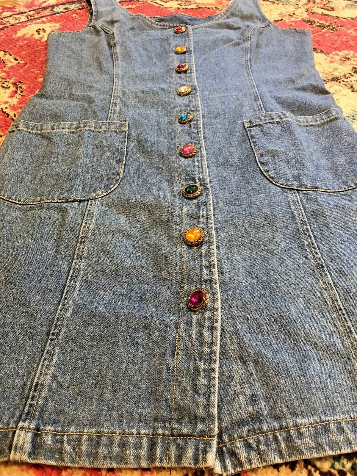 Vtg In Charge Sz L Denim Jumper Sleeveless Jewel Button Down Dress HO