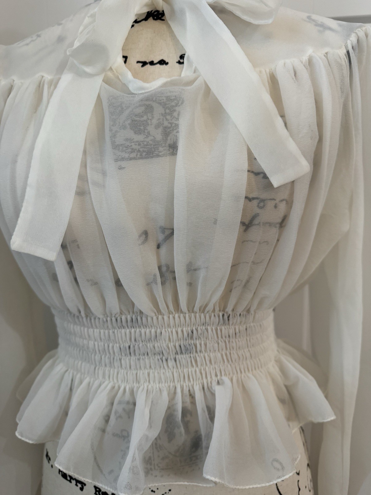 Vintage Sheer Poet Blouse Long Sleeve With Ribbon Tie & Elastic Band Size Small