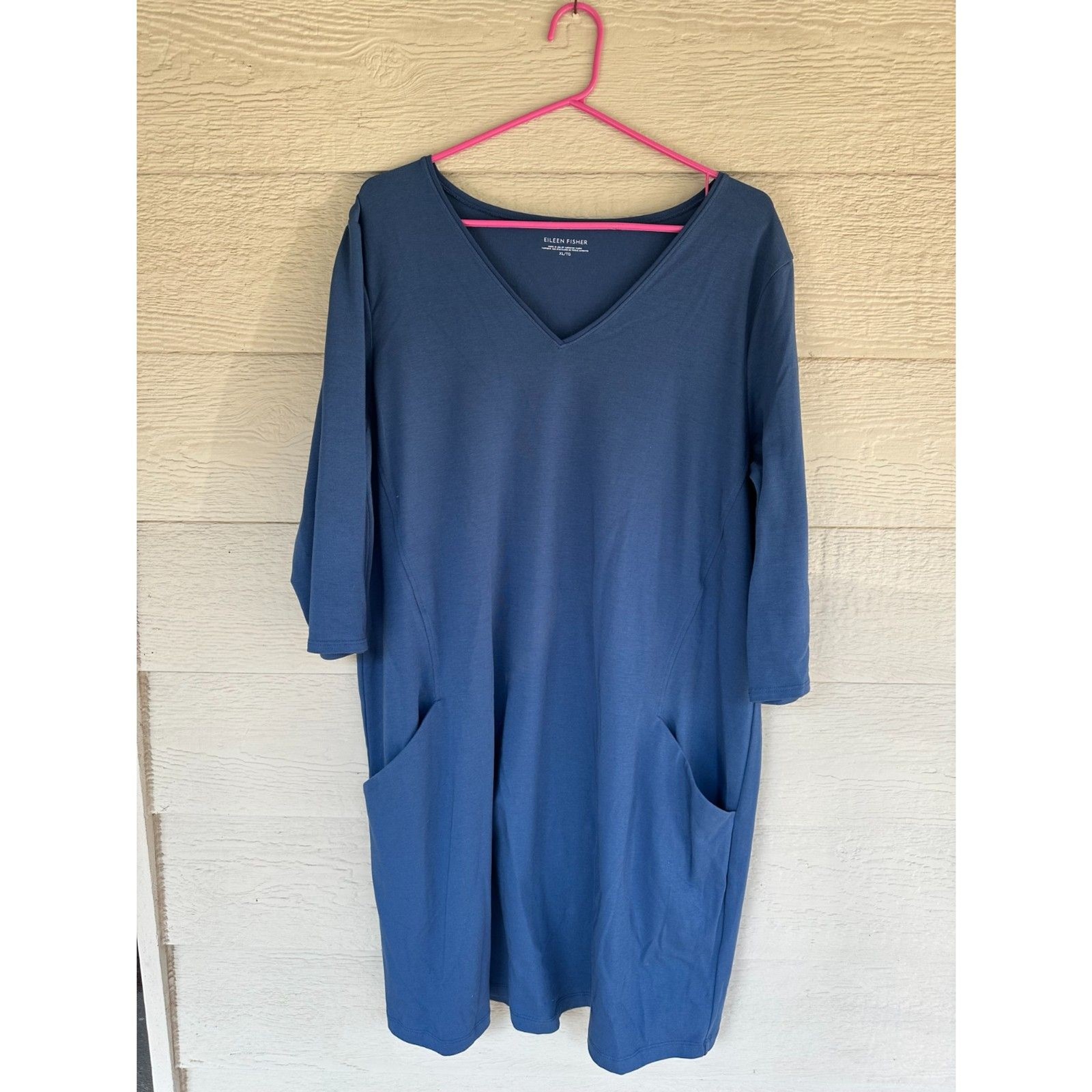 Eileen Fisher Solid Stretch V-Neck 3/4 Sleeve Shift Dress W/ Pockets Women’s XL