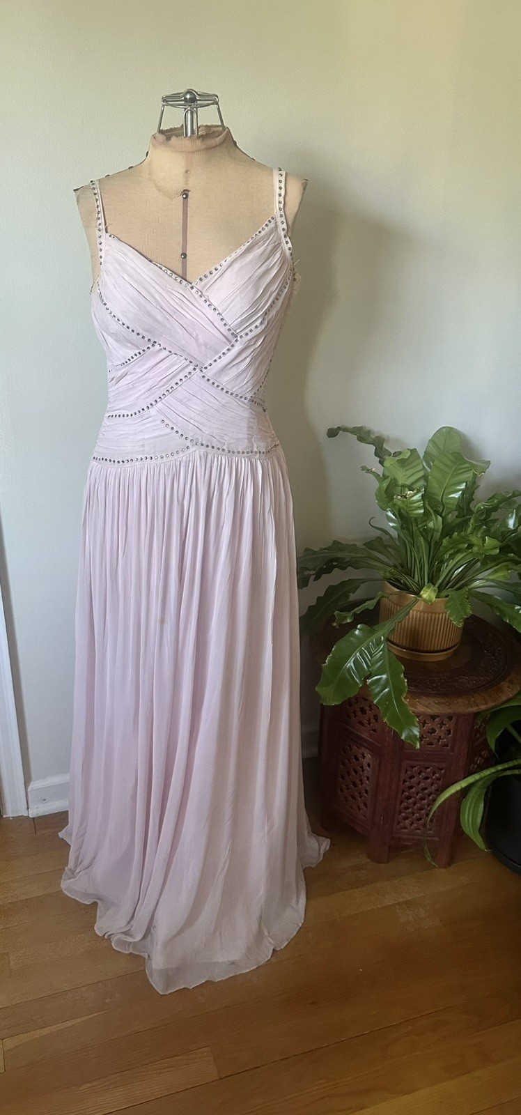 Blush Pink Chiffon 1940’s Dress With Clear Rhinestones Greco Roman Styling