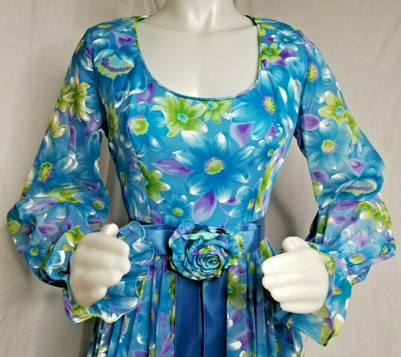 Vintage 60s 70s Maxi Dress Floral Chiffon Hostess Blue Purple Green Floral