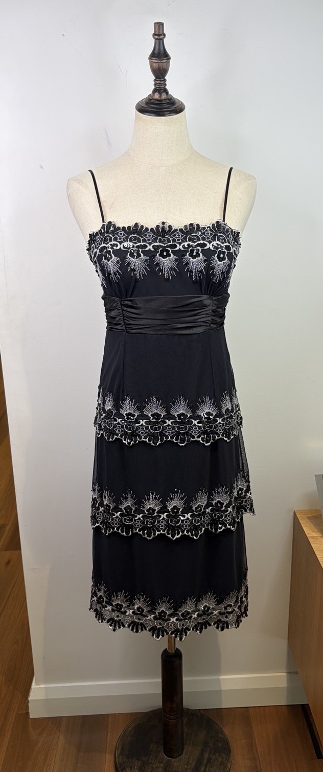 Vintage Mr K Cocktail Formal Dress Size AU 8 Black Layered Sequins Sparkly Y2K