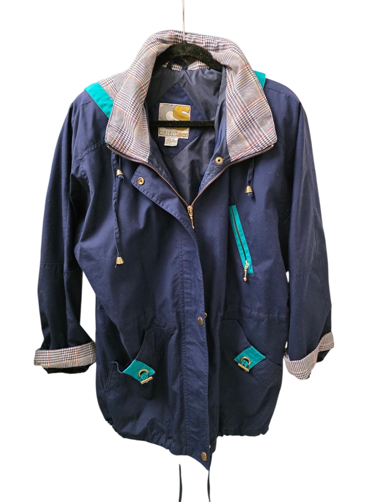 Vtg 90s Current Seen Jacket M Navy Plaid Hooded Gorpcore Dark Academia Utility