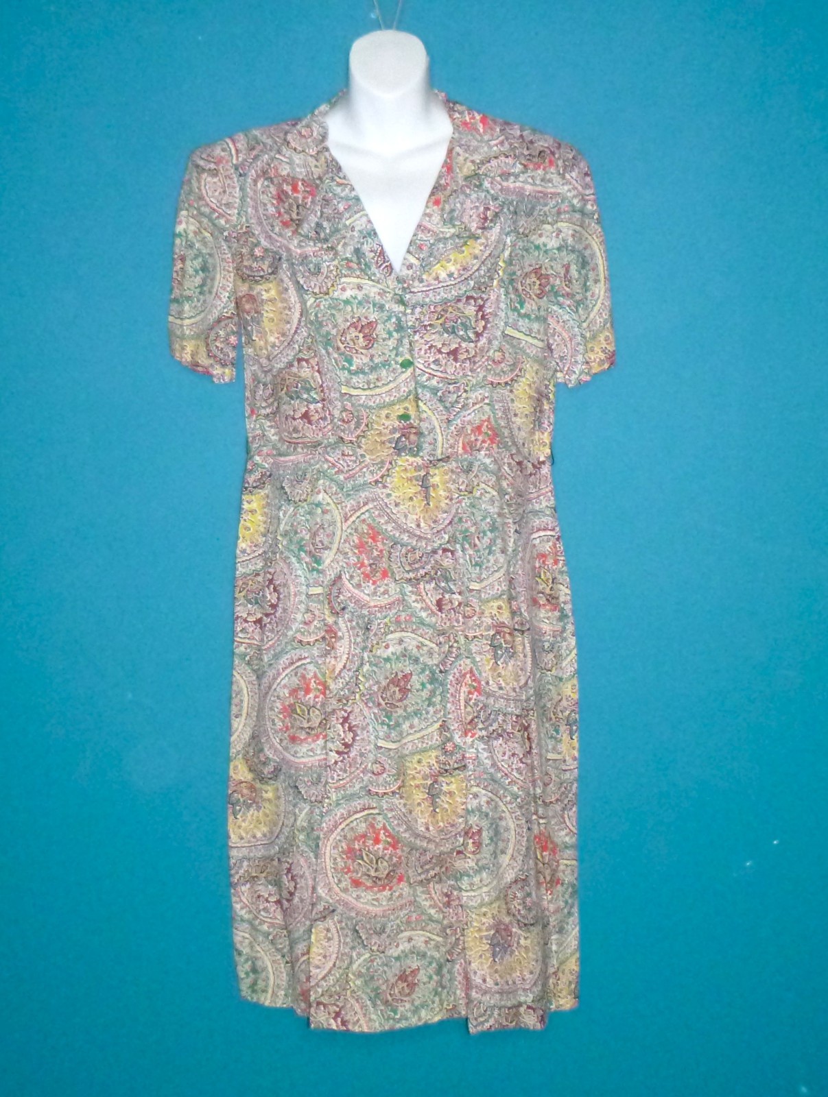 Vtg 40s 50s Georgiana Frocks Rayon Dress Paisley Green Red VOLUP Sz XL