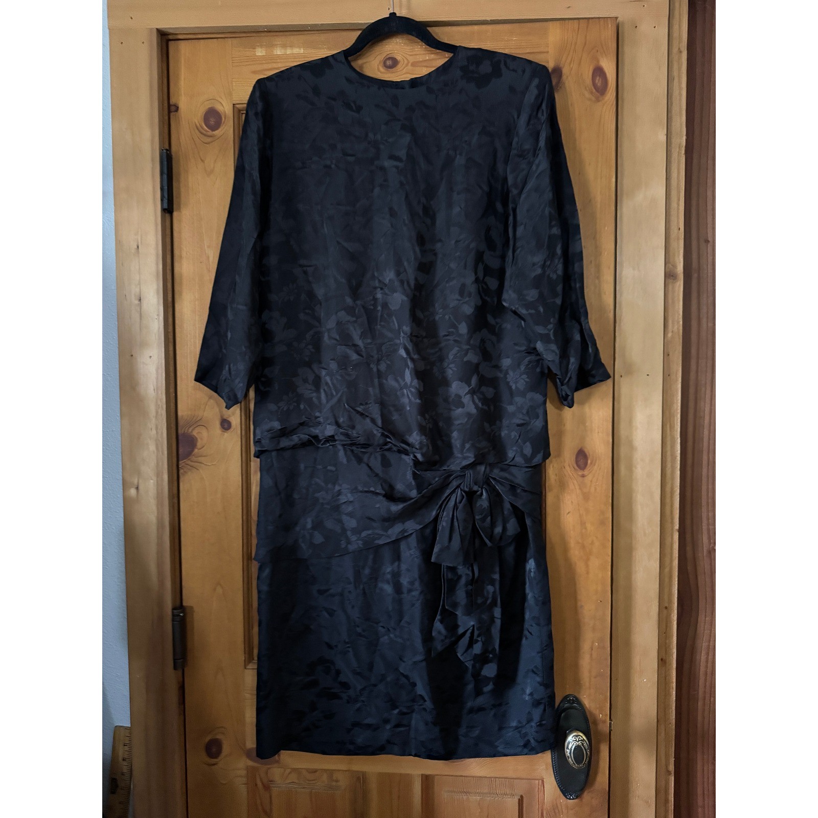 Silk Studio Vintage Black Silk Jacquard Floral Drop Waist Bow Cocktail Dress