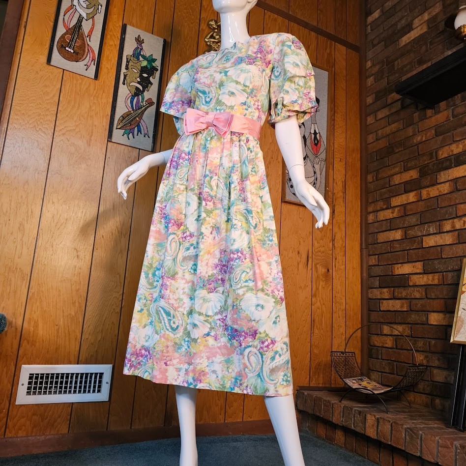 Vtg 80s Fever Dream Floral Romantic Garden Party Belted Bow Volup Tea Dress M/L