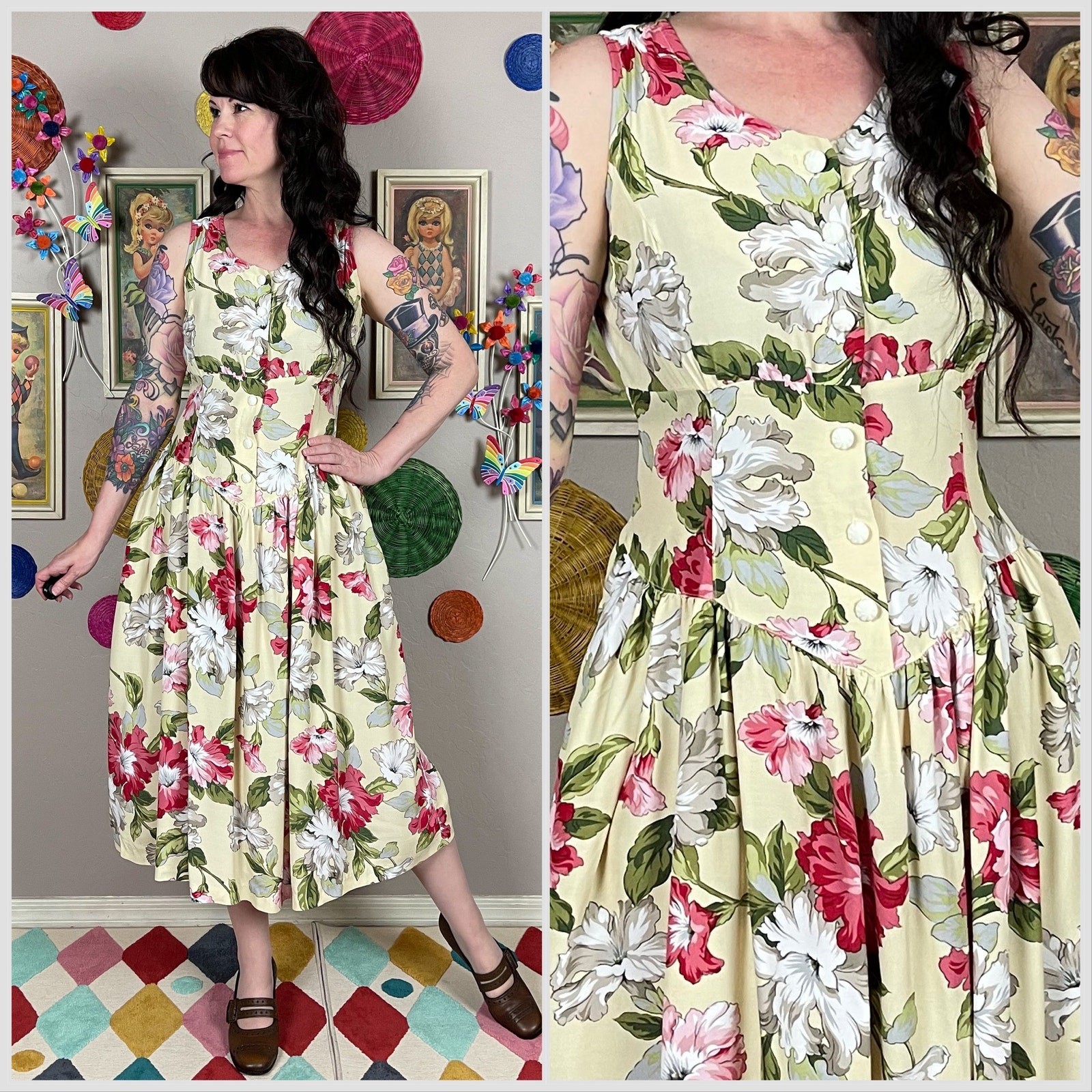 Vintage 1990s Yellow Floral Sleeveless Petite Midi Sundress | 32″ Waist