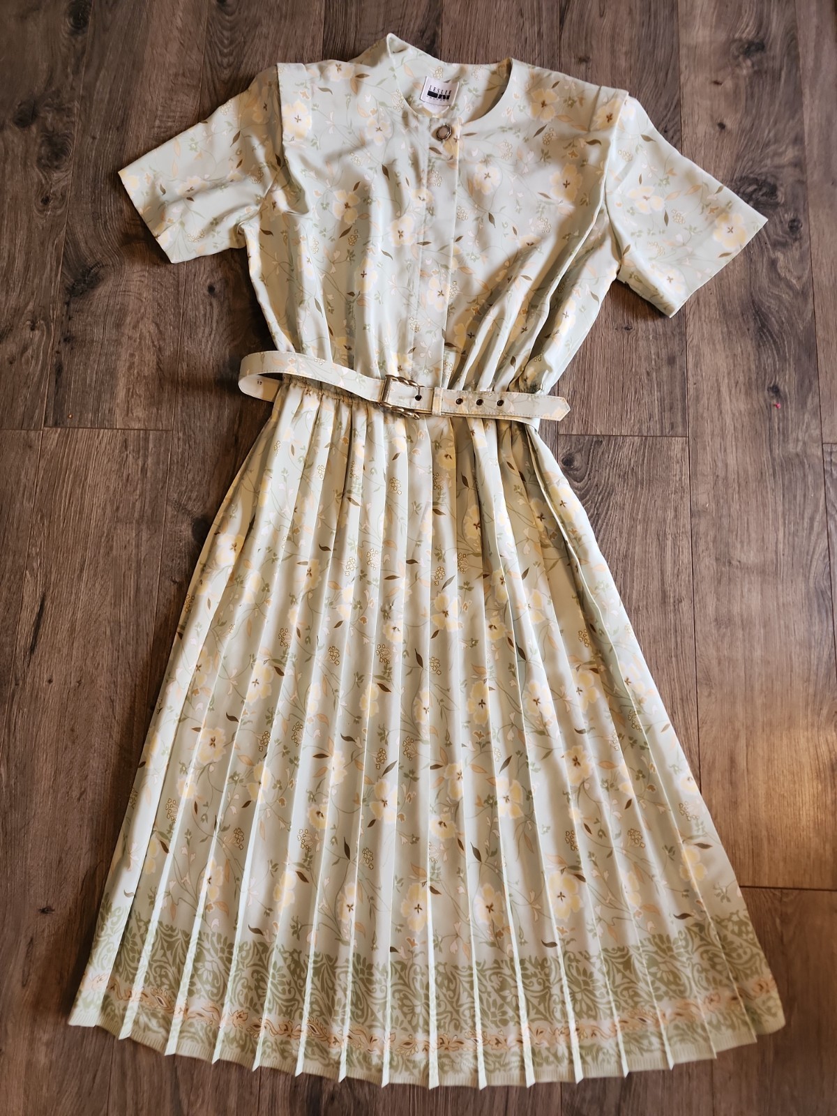 Vintage LESLIE FAY Floral Pleated retro swing Dress Belted 12 Longline Tea Midi
