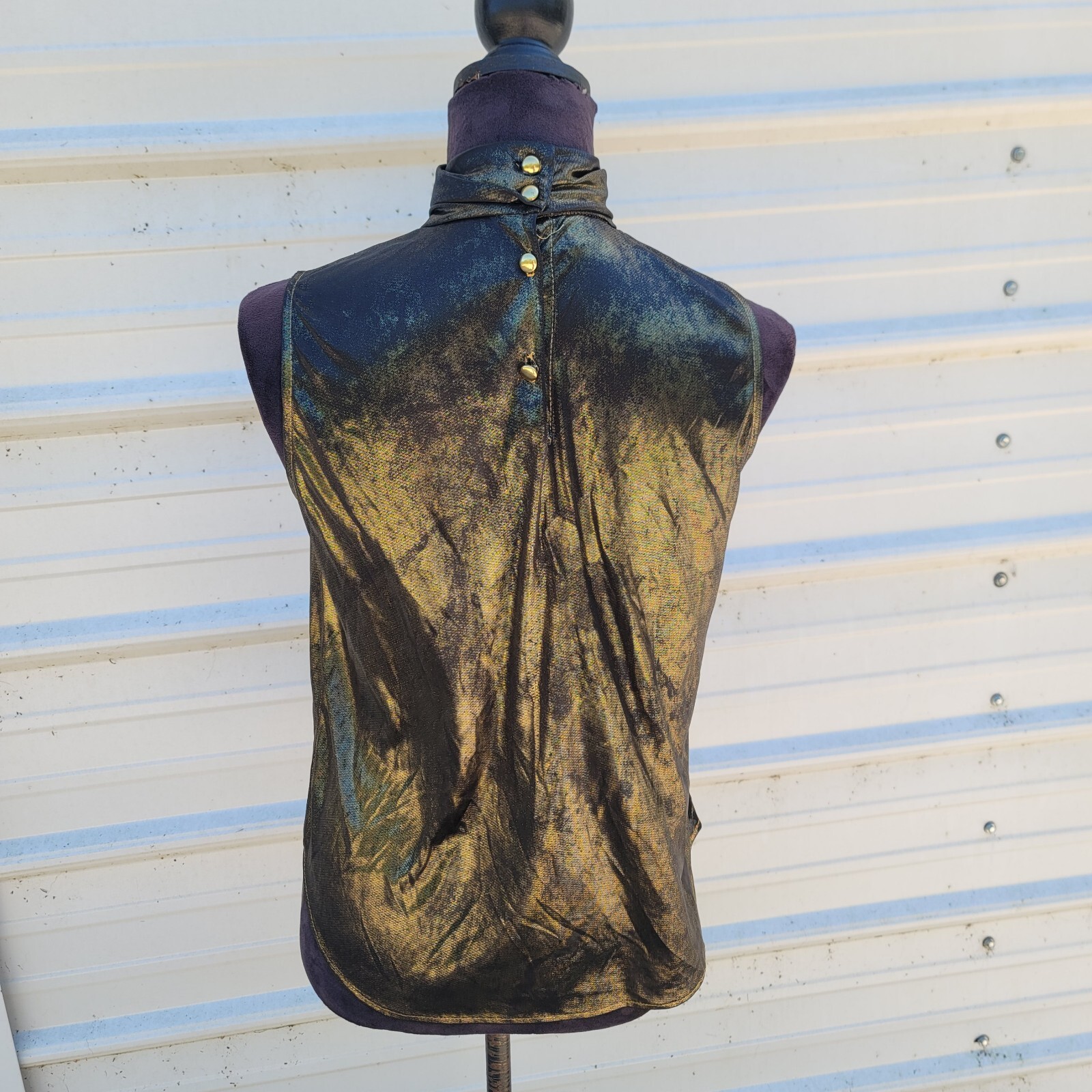 Vintage Anna Kriste Blouse Shirt – Size 10 Petite – Black Gold High Neck Shiny