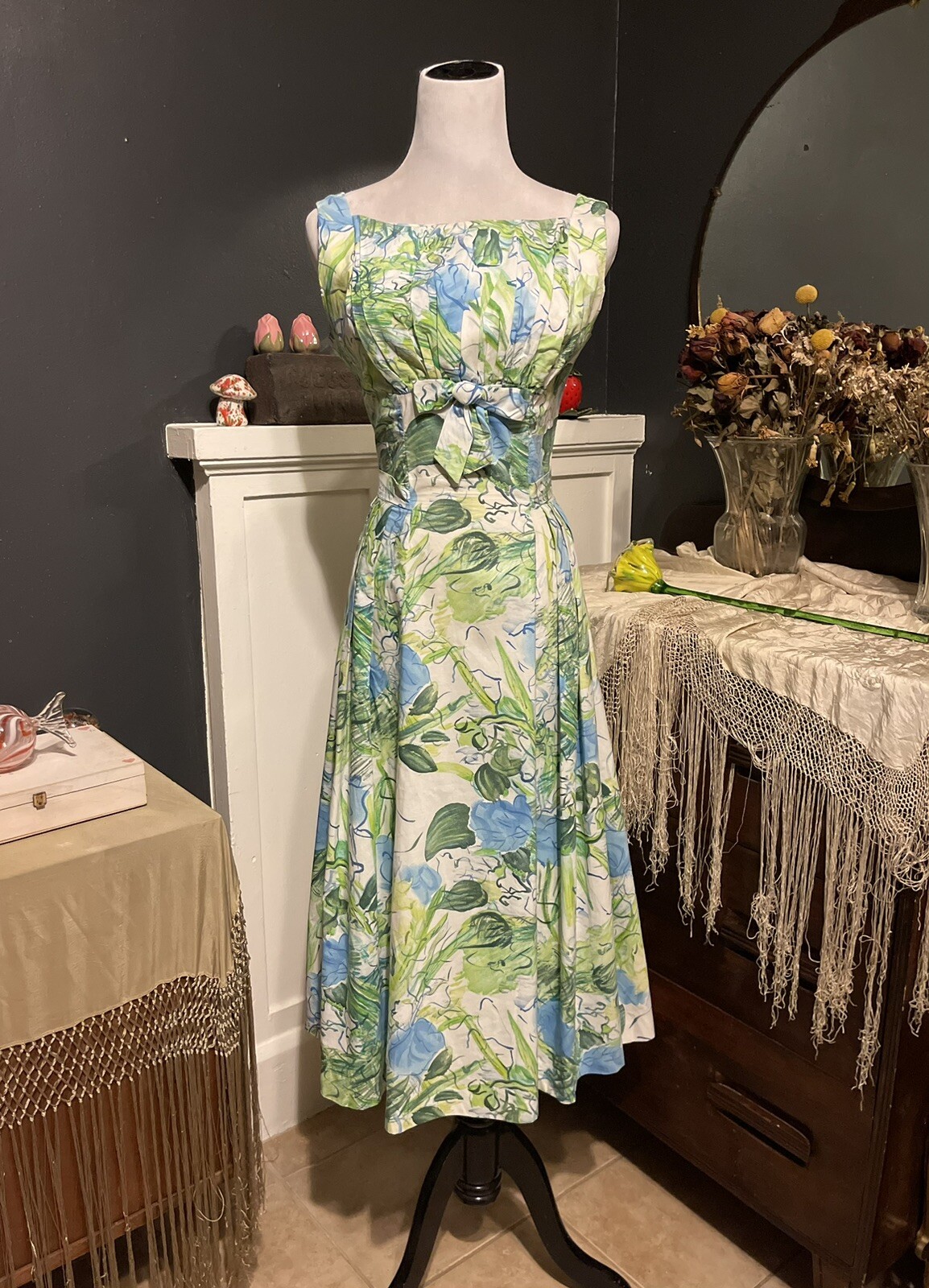 1950’s Vintage Water Color Floral Summer Dress Blues Greens