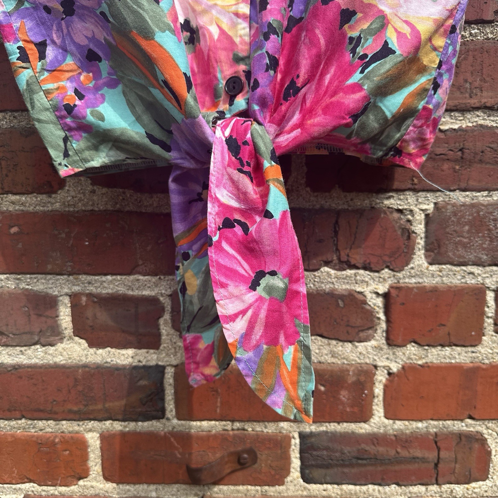 Vintage Sea Suns Vibrant Floral Watercolor Blouse Tie Waist Shoulder Pads 80s