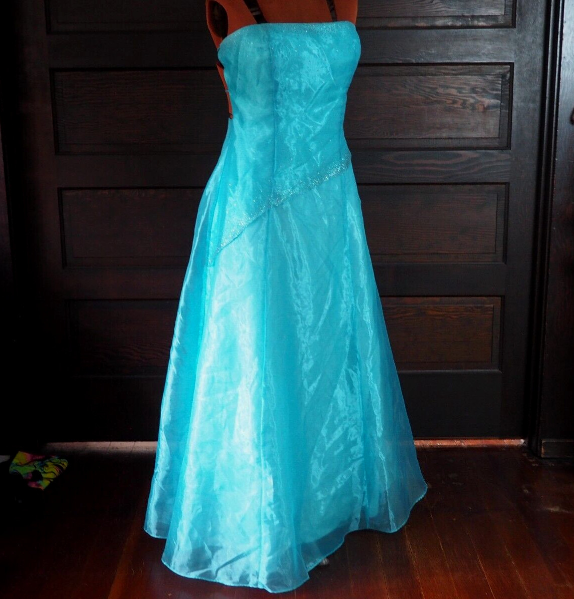 VTG 90s Kiki Turquoise Chiffon Taffeta Sleeveless Glitter Lace Up Gown Dress L