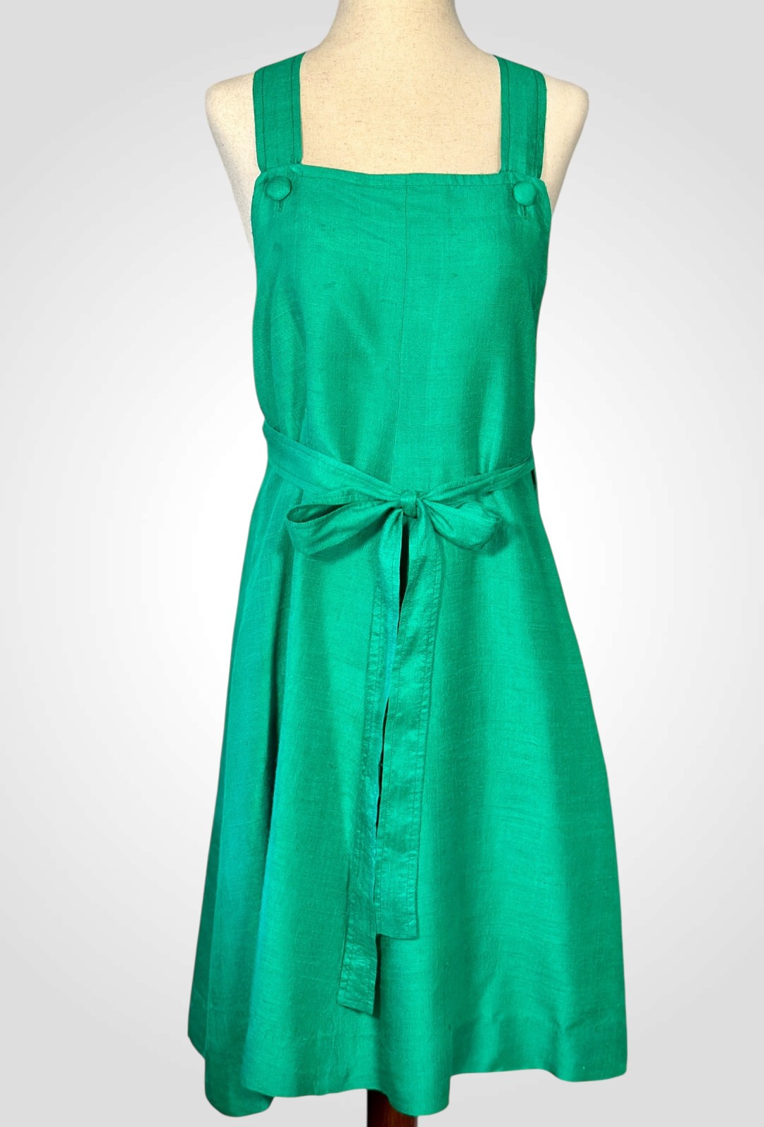 Vintage 1960s Emerald Green Raw Silk Wrap Jumper Dress Handmade in Bangkok Sz M