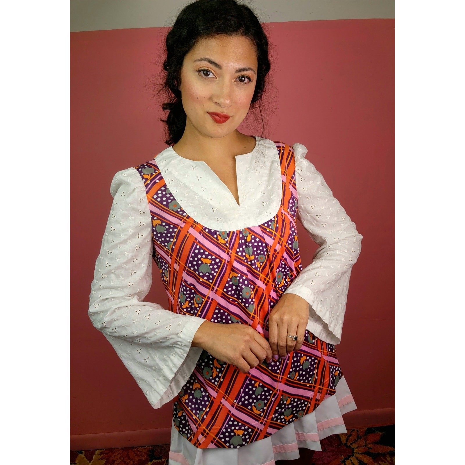 Vintage 1970’s Purple Psychedelic Boho Lace Eyelet Bell Sleeve Top