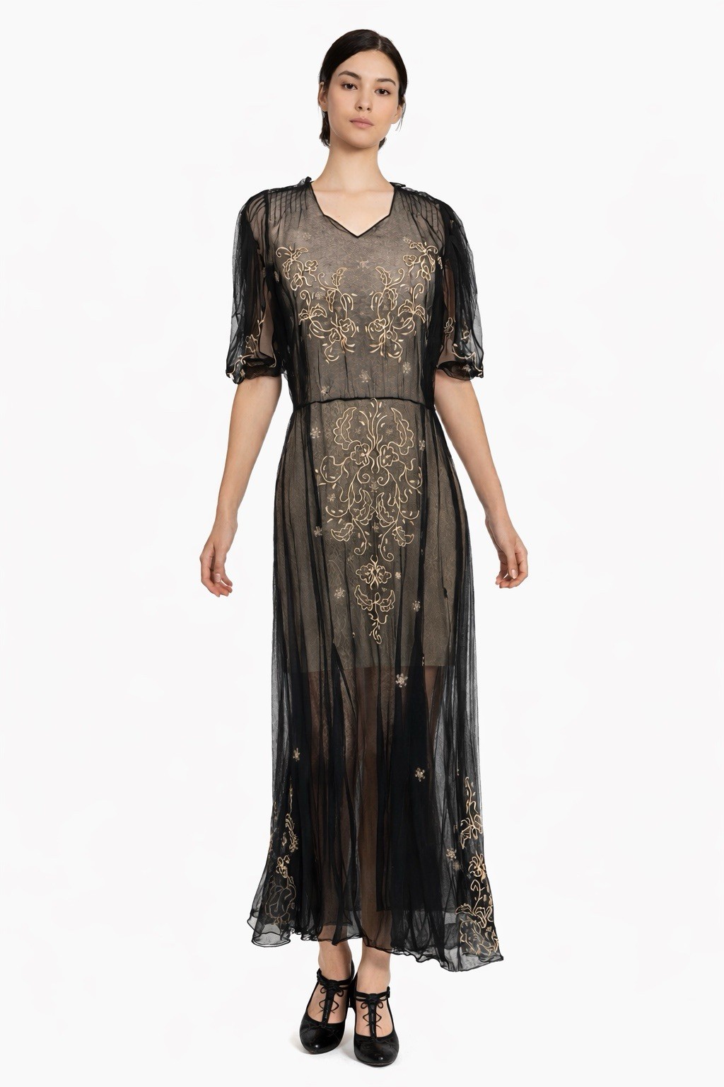 Edwardian Antique Size M 1910s 1920s Black Lace Dress Embroidered Netting Sheer