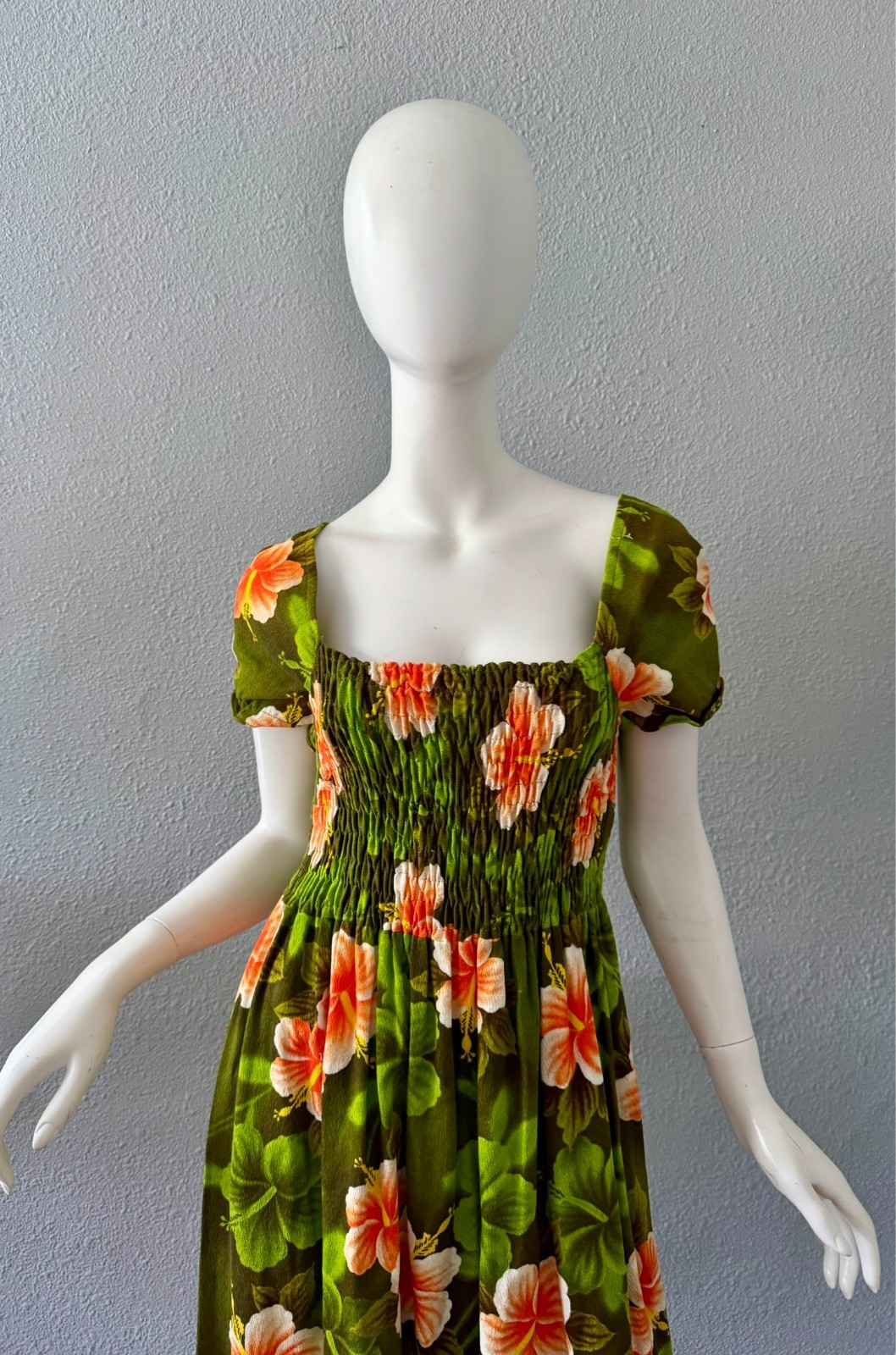 Vintage 60s Psychedelic Green Tropical HAWAIIAN Barkcloth Maxi Hippie Dress M