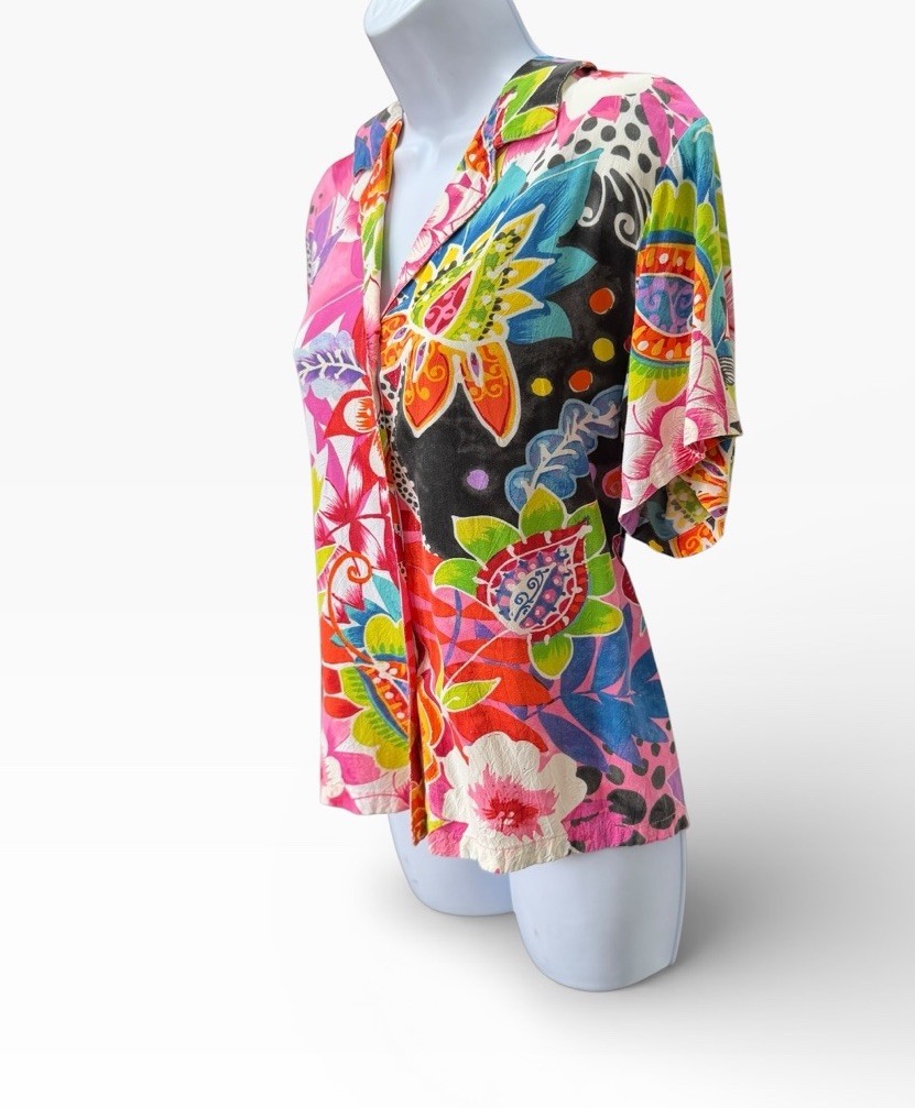 Vtg 80’s Jam’s World Hawaiian Floral Button Up Shirt Size L/XL Collar Bright
