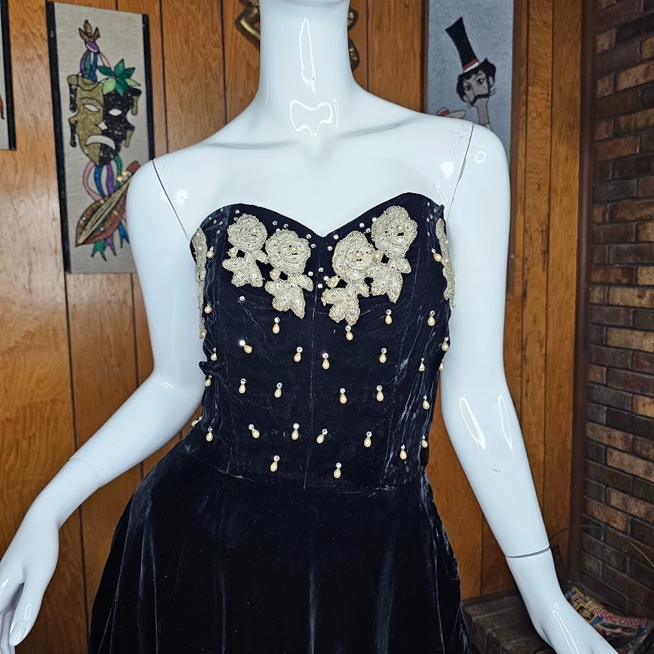 Vtg 40s New Look Pearl Drops Beaded Velvet Evening Formal Party Full Dress XS/S
