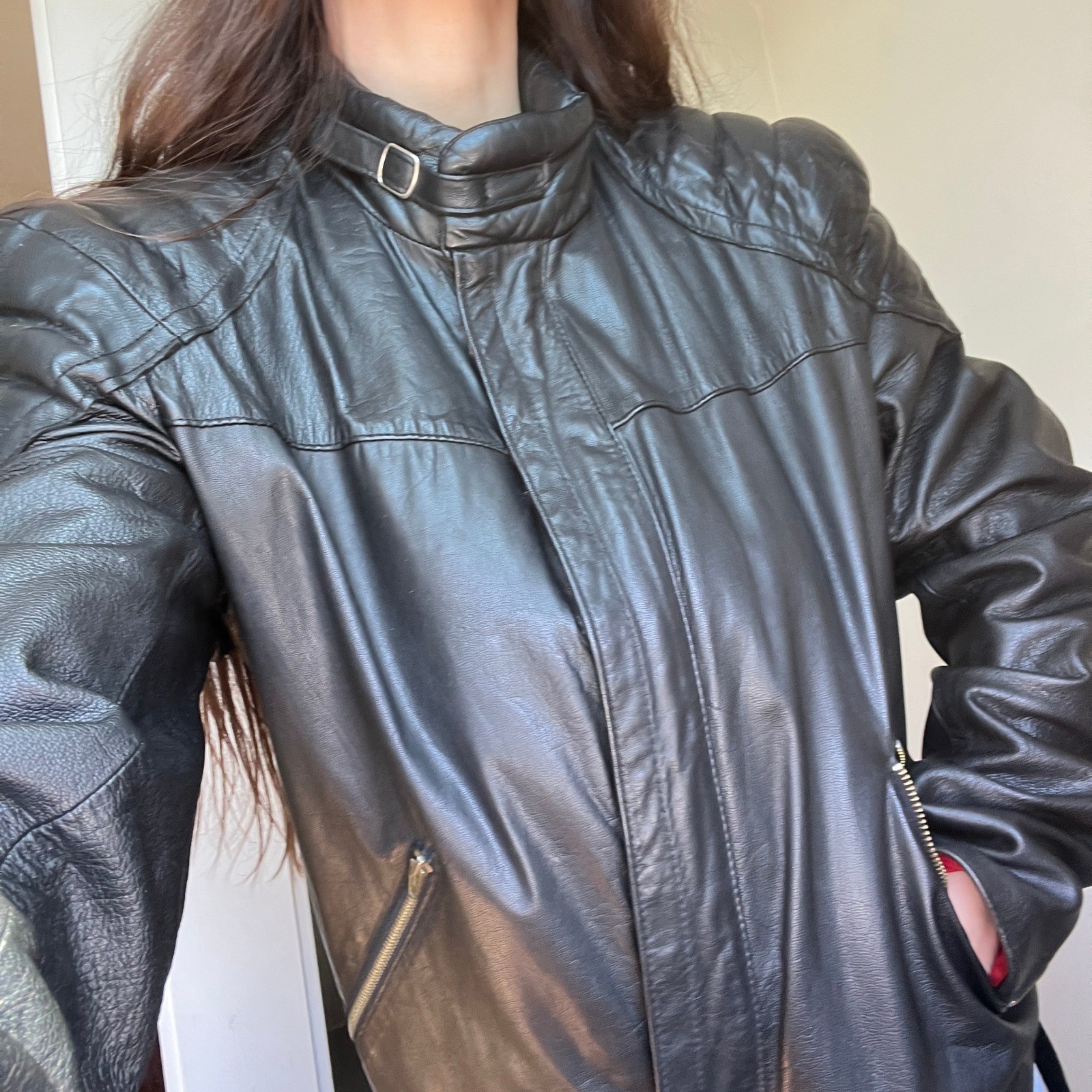 Vintage 80s Leather Motorcycle Jacket Black Padded Shoulder Funnel Neck Biker