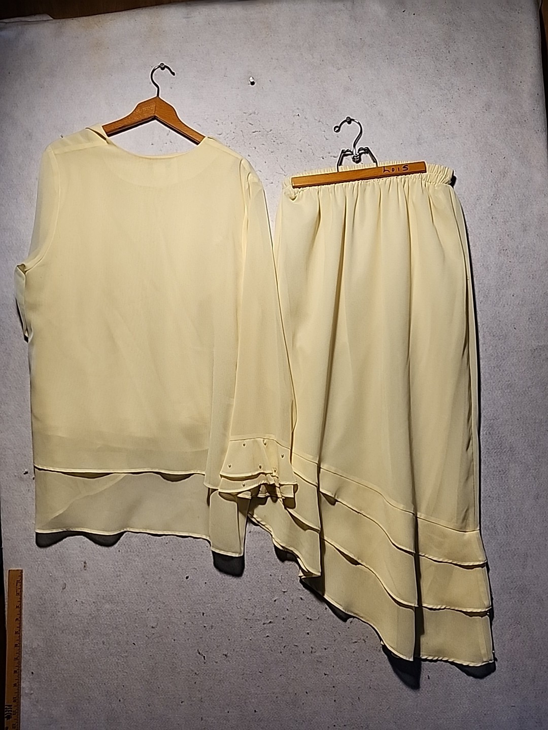 Vintage Butter Yellow Chiffon 3 Piece Skirt Set Wedding Faux Pearls Size XL USA