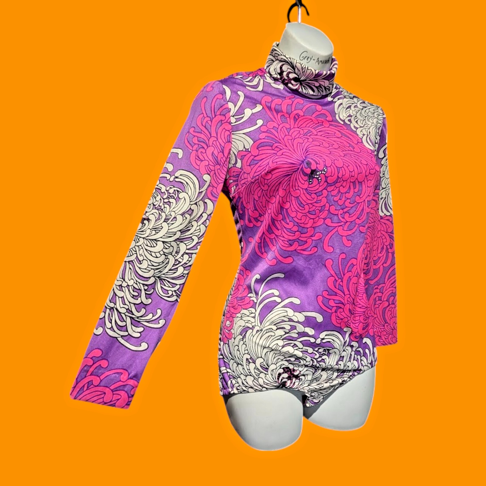 VTG 60S/70S BODYSUIT S leotard onepiece top purple pink crysanthemum mod gogo 4E