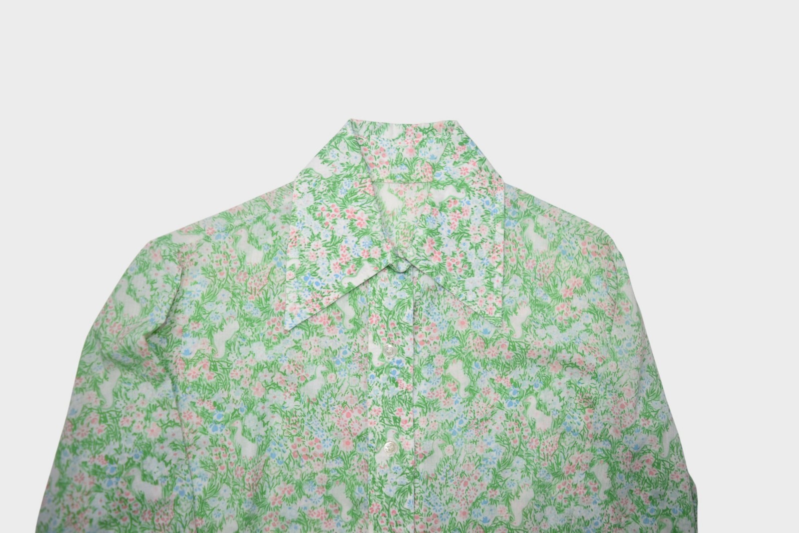 Vintage 70s Blouse Womens Small Green Floral Long Sleeve French Daggar Collar