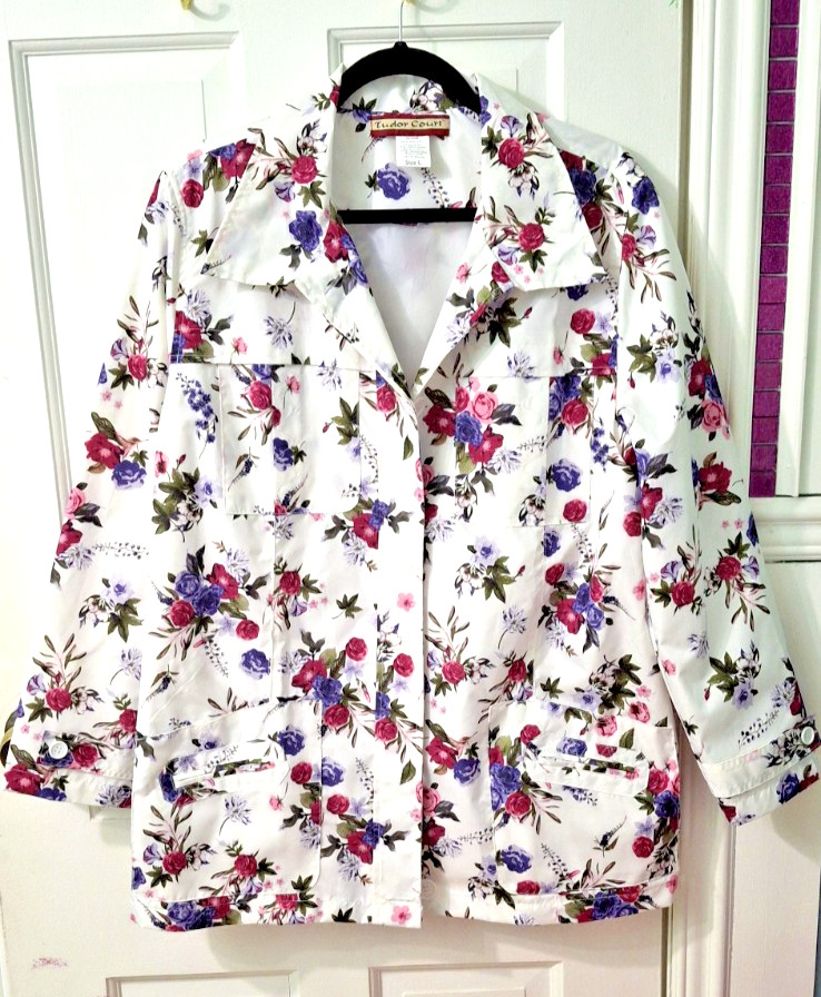 Vintage Tudor Court Windbreaker Jacket Floral CottageCore Roses Sz L Womens