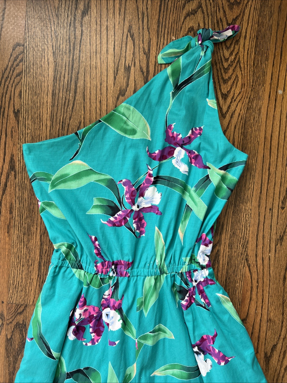 1980s Handmade One Shoulder Hawaiian Dress Teal W/Purple Orchid Flowers Size Sm