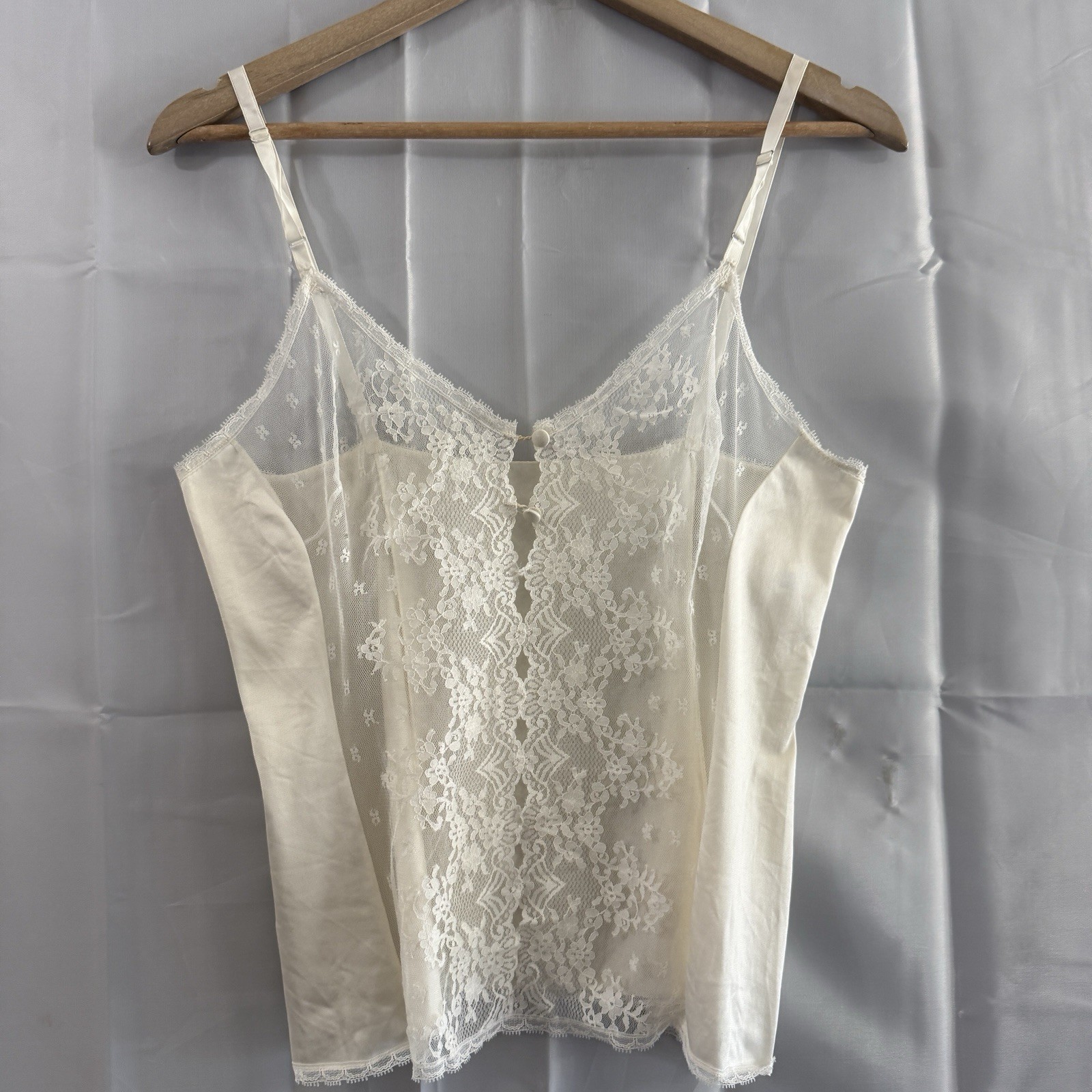 Vintage Camisole Cami Ivory Lace Front Satin Tank Top Lingerie Sexy 36