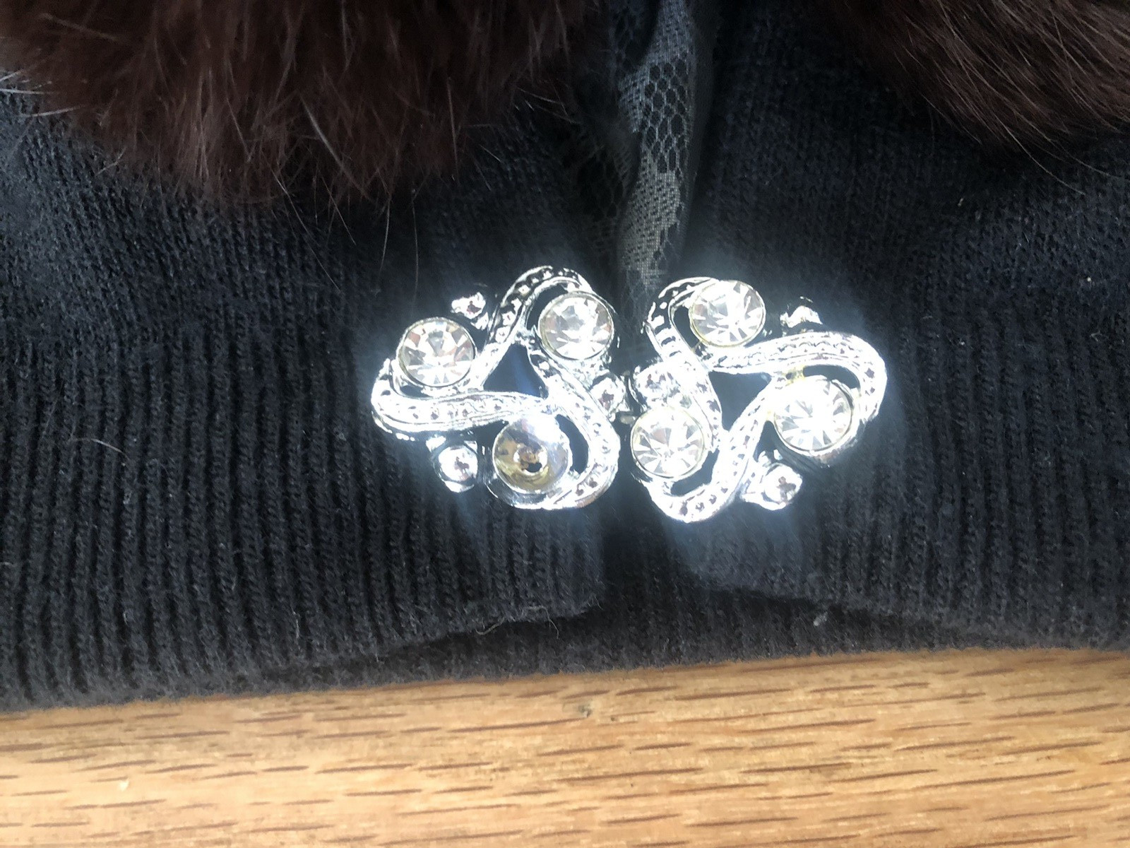 60s VTG Wool Cardigan w Black FUR COLLAR and Rhinestone Clasp