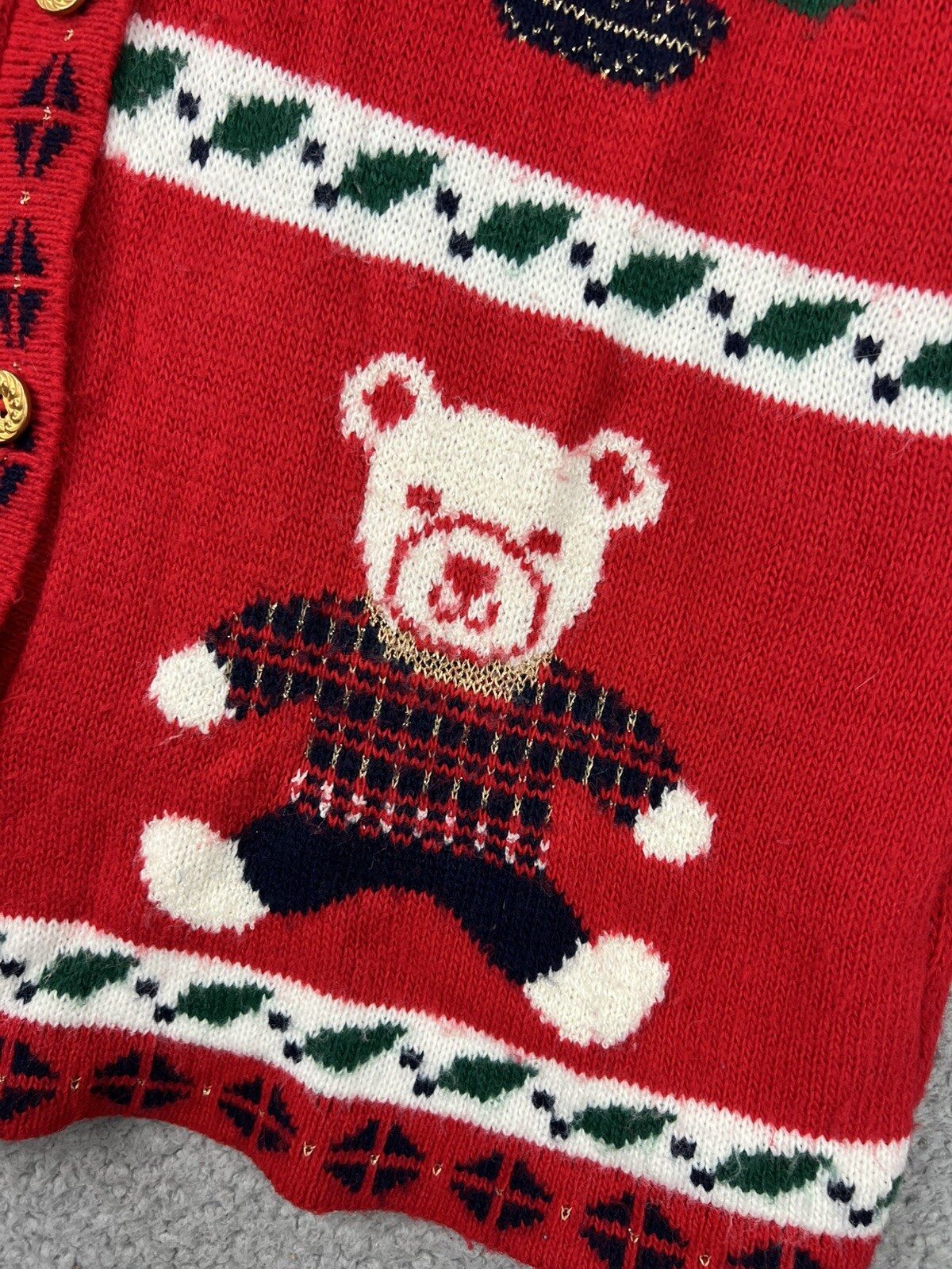 VTG Adele Knitwear Ugly Christmas Sweater Large Bear Tree Bells Present Cardigan