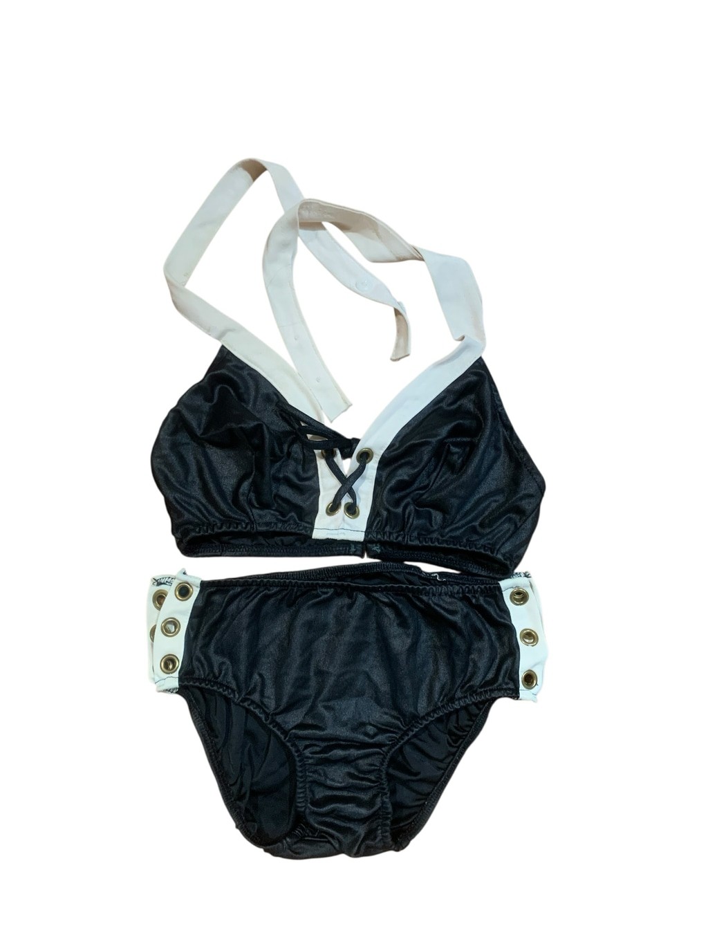 Vntg 70’s black and white lace up halter top bikini w/ lace up bottoms sz XS/S