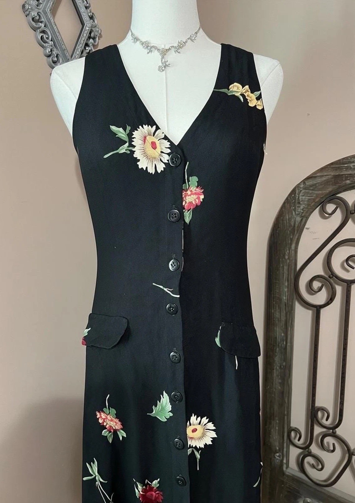 Vintage 90s Black Floral Button Down Tank Dress Cottagecore Boho Grunge Size L