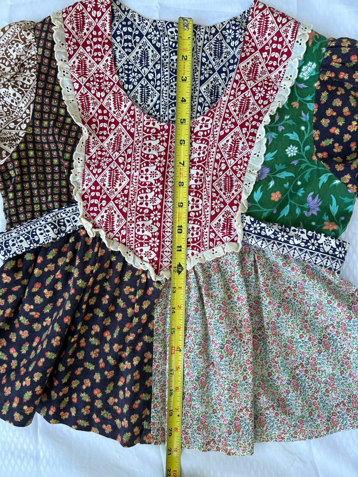 Vtg 1975 Boho Sm Blouse Pieced Quilt Patchwork Empire Waist Tie Back Eyelet yoke