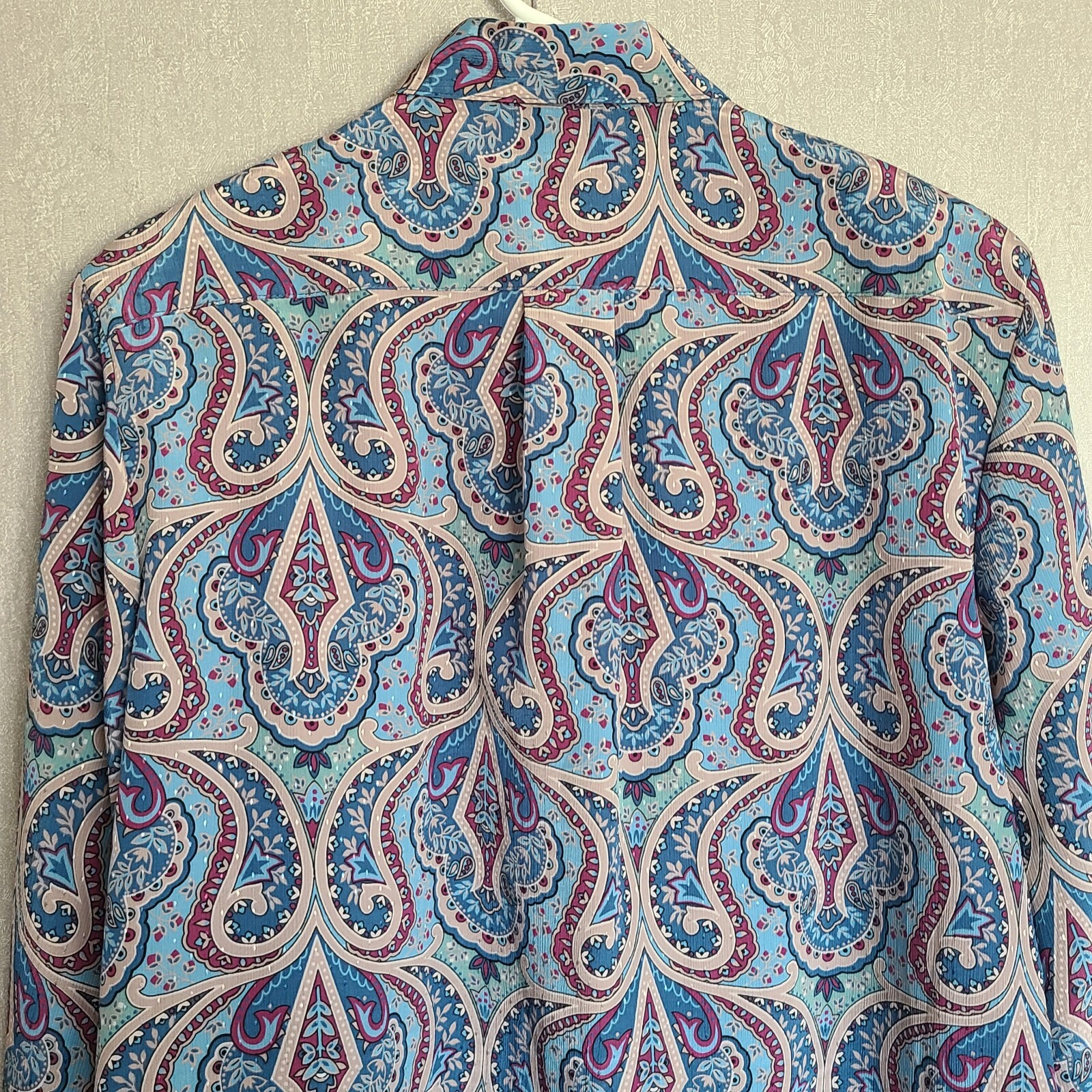 Vintage Pykettes Blouse Bowtie Neck Size 18 Blue Paisley Secretary Button Up Top